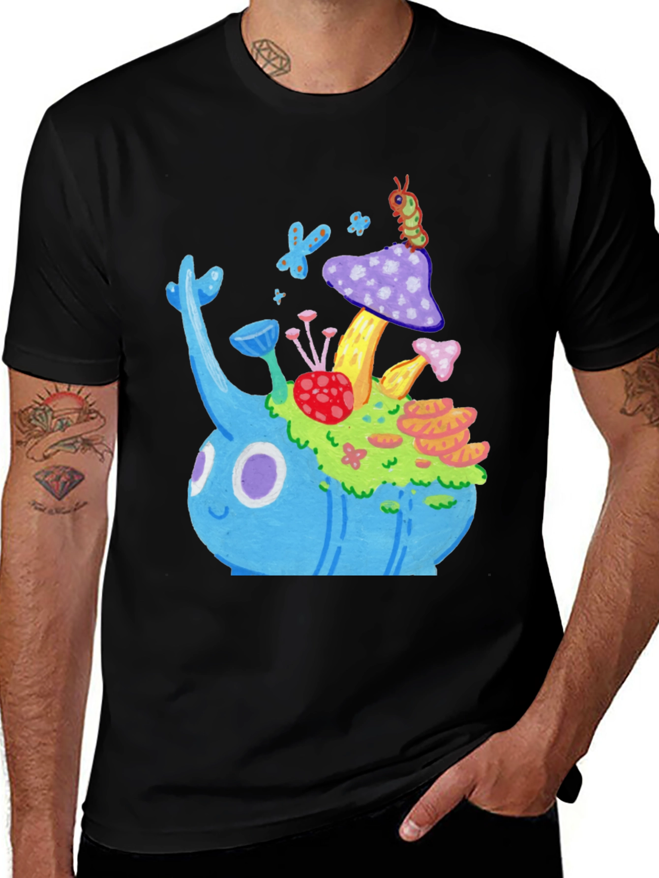Whimsical Mushroom Garden Graphic Tee - Black
