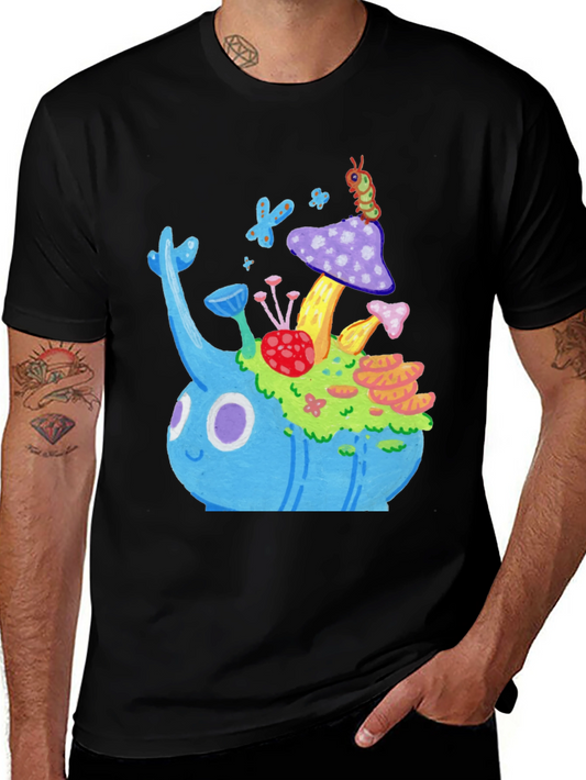 Whimsical Mushroom Garden Graphic Tee - Black