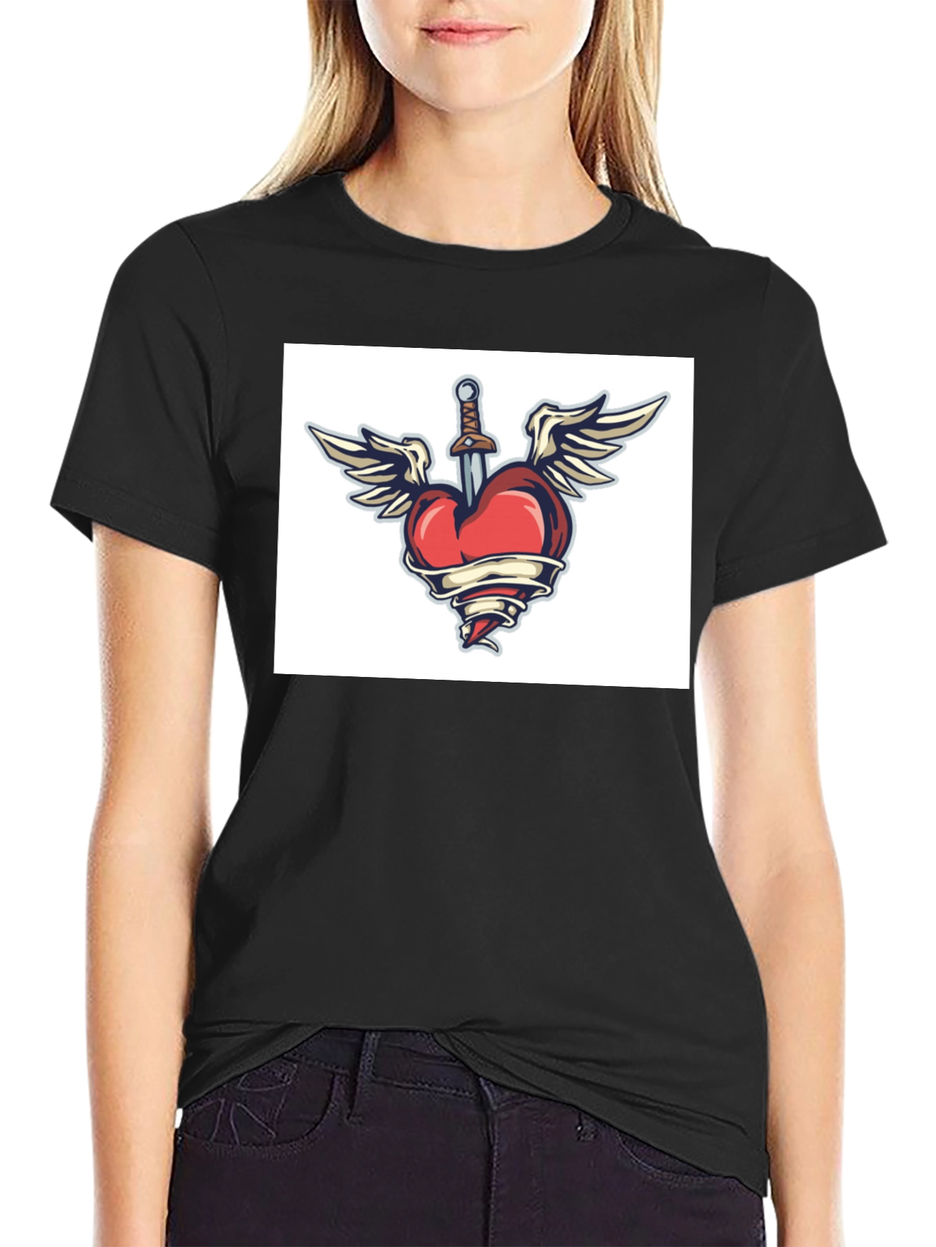 Heart Dagger Tee - Classic Black Crew Neck T-Shirt