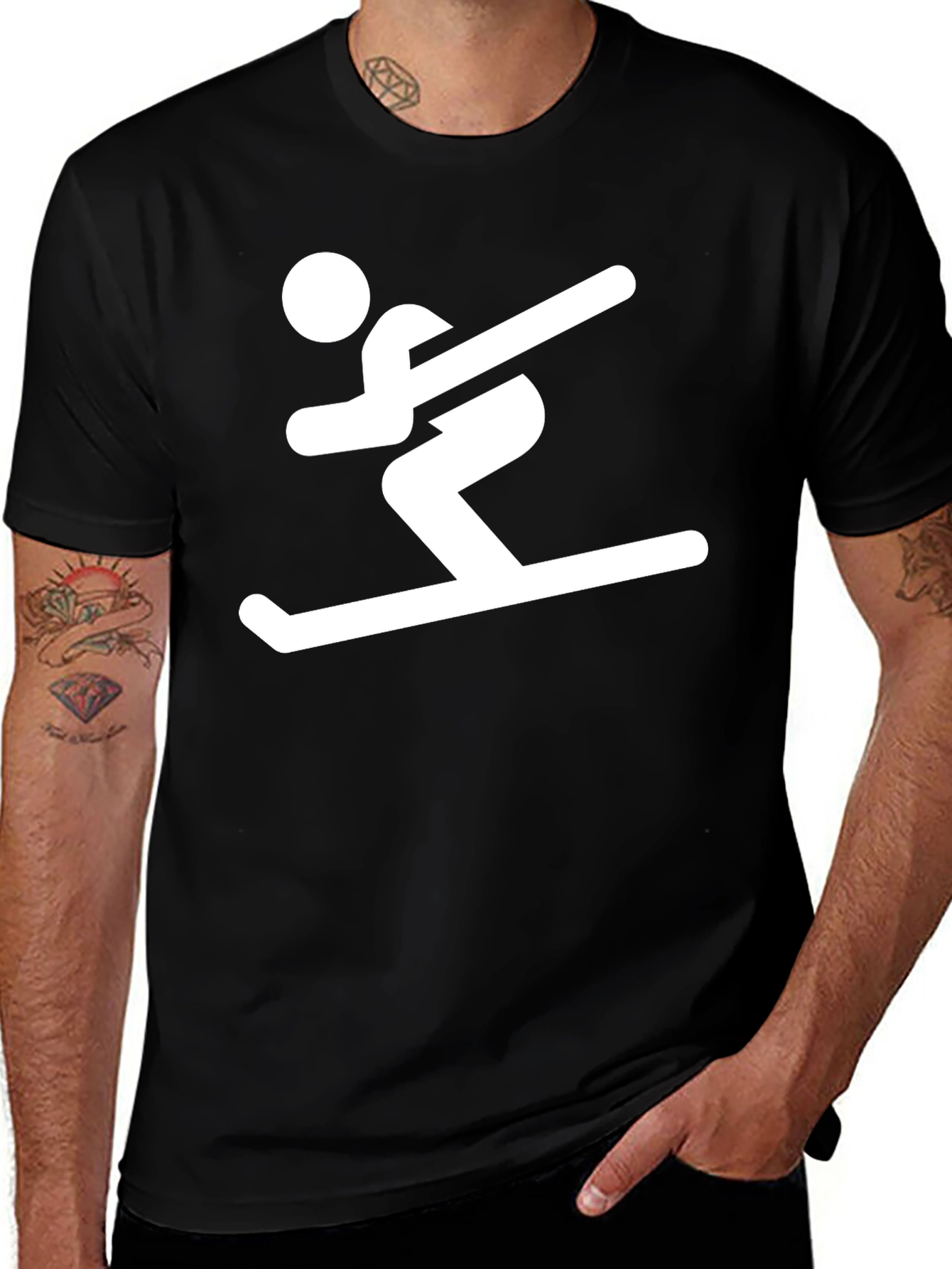 Skiing Man Graphic Tee - Black Cotton T-Shirt