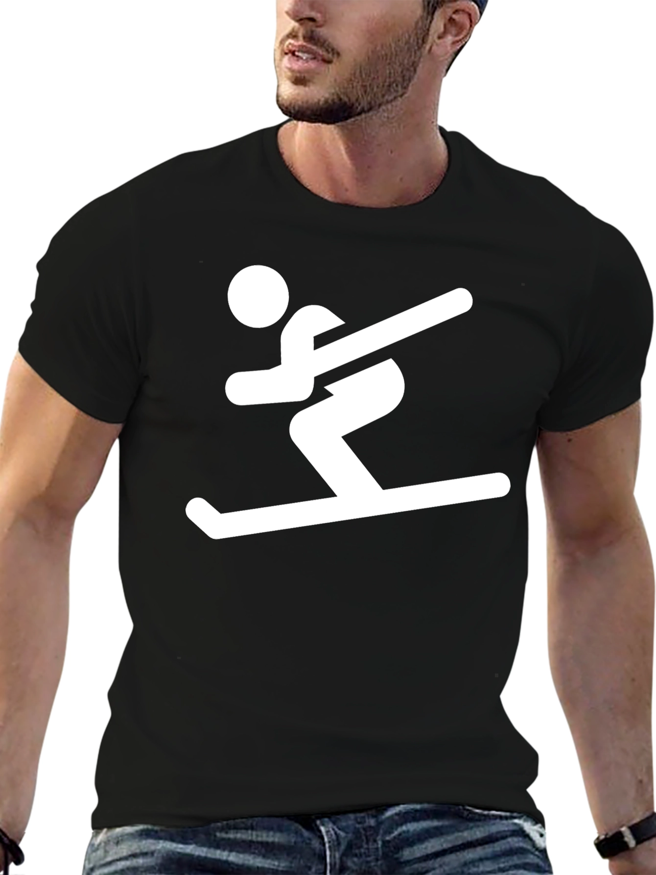 Skiing Man Graphic Tee - Black Cotton T-Shirt