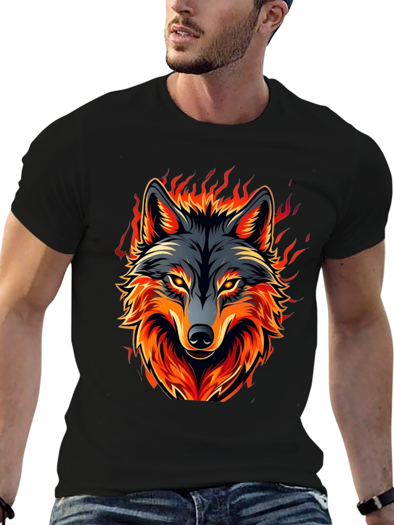 Fiery Wolf Graphic Tee - Black