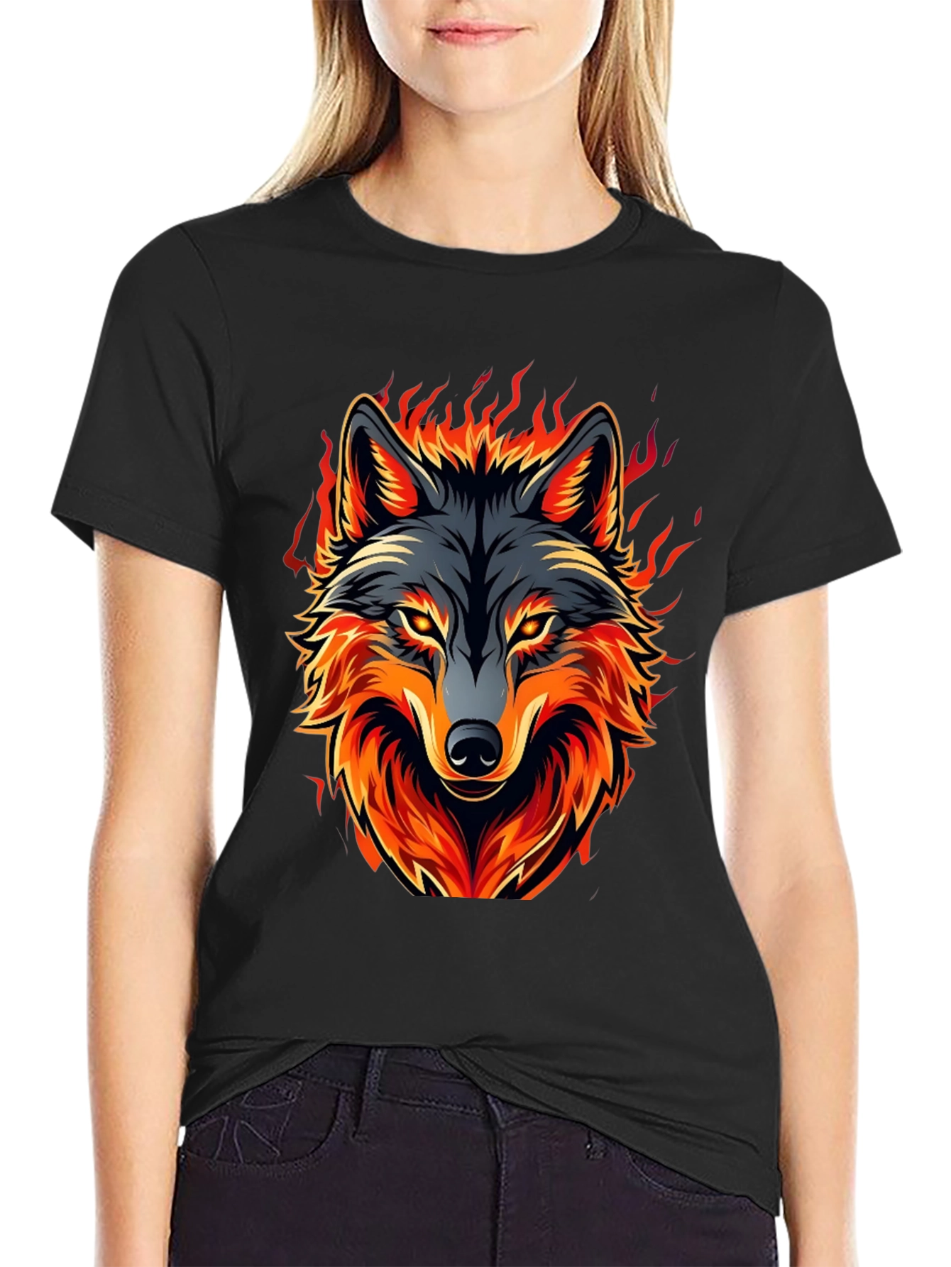 Fiery Wolf Graphic Tee - Black