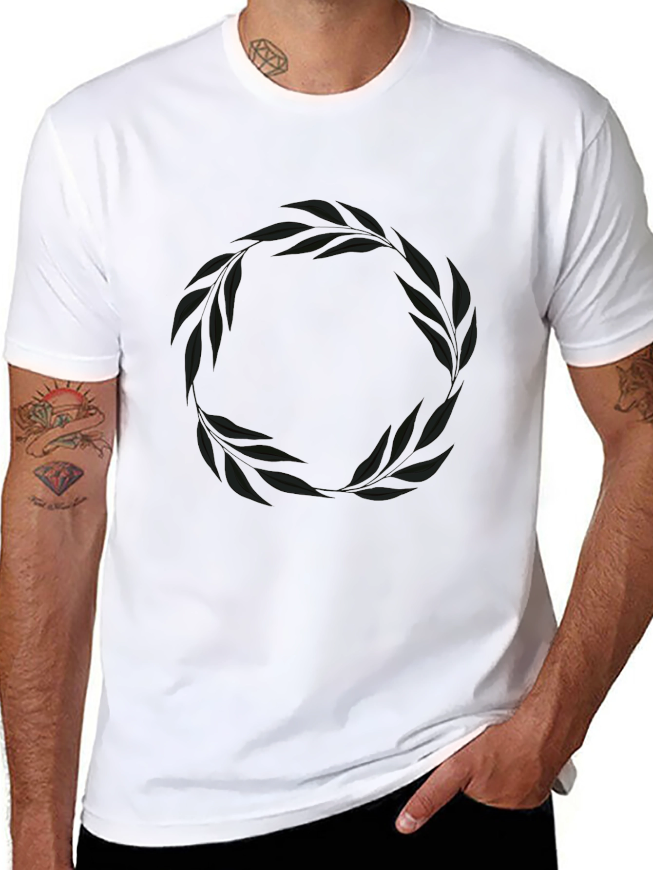 Mens Black T-Shirt with Leaf Wreath Graphic