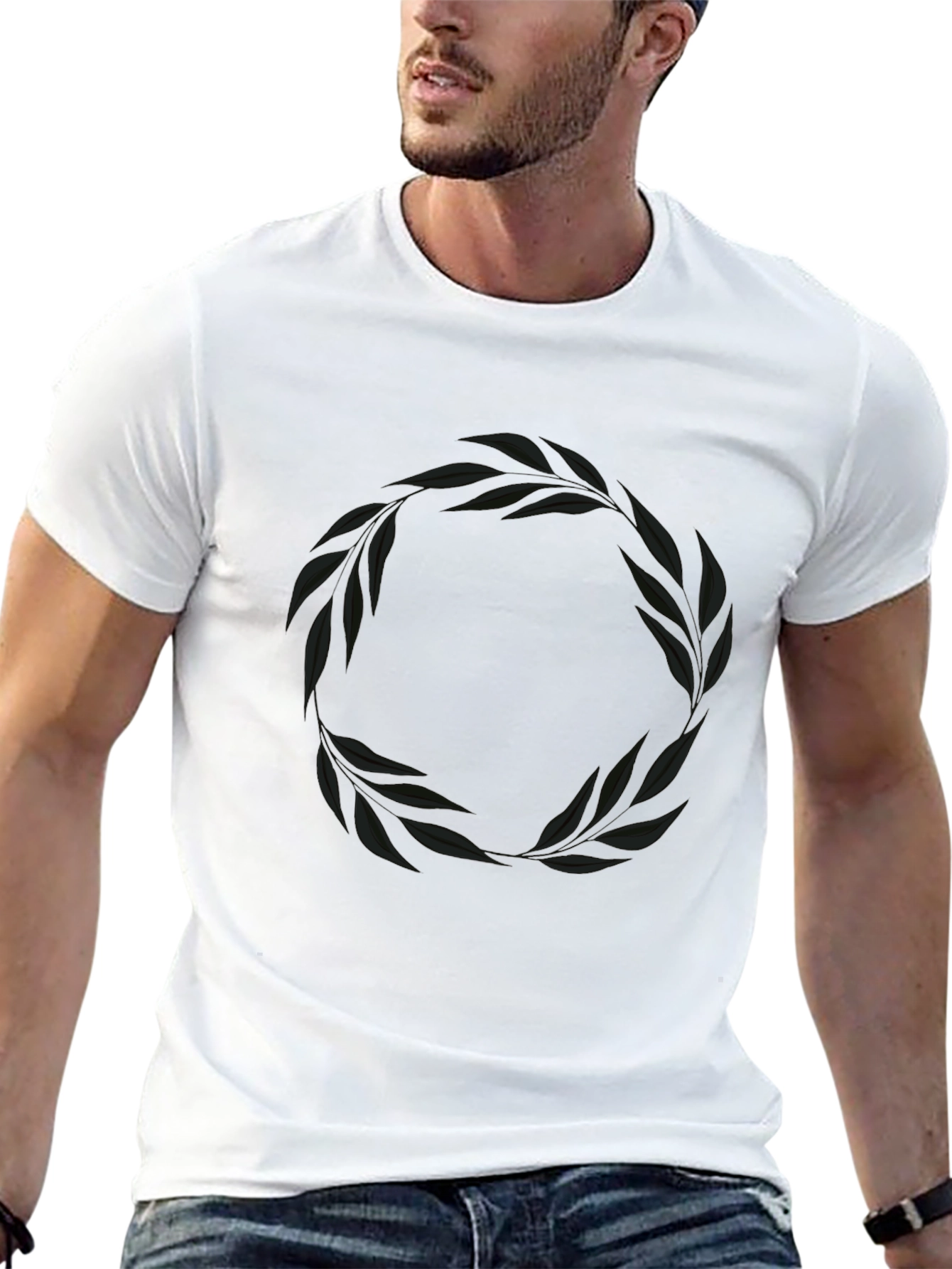 Mens Black T-Shirt with Leaf Wreath Graphic