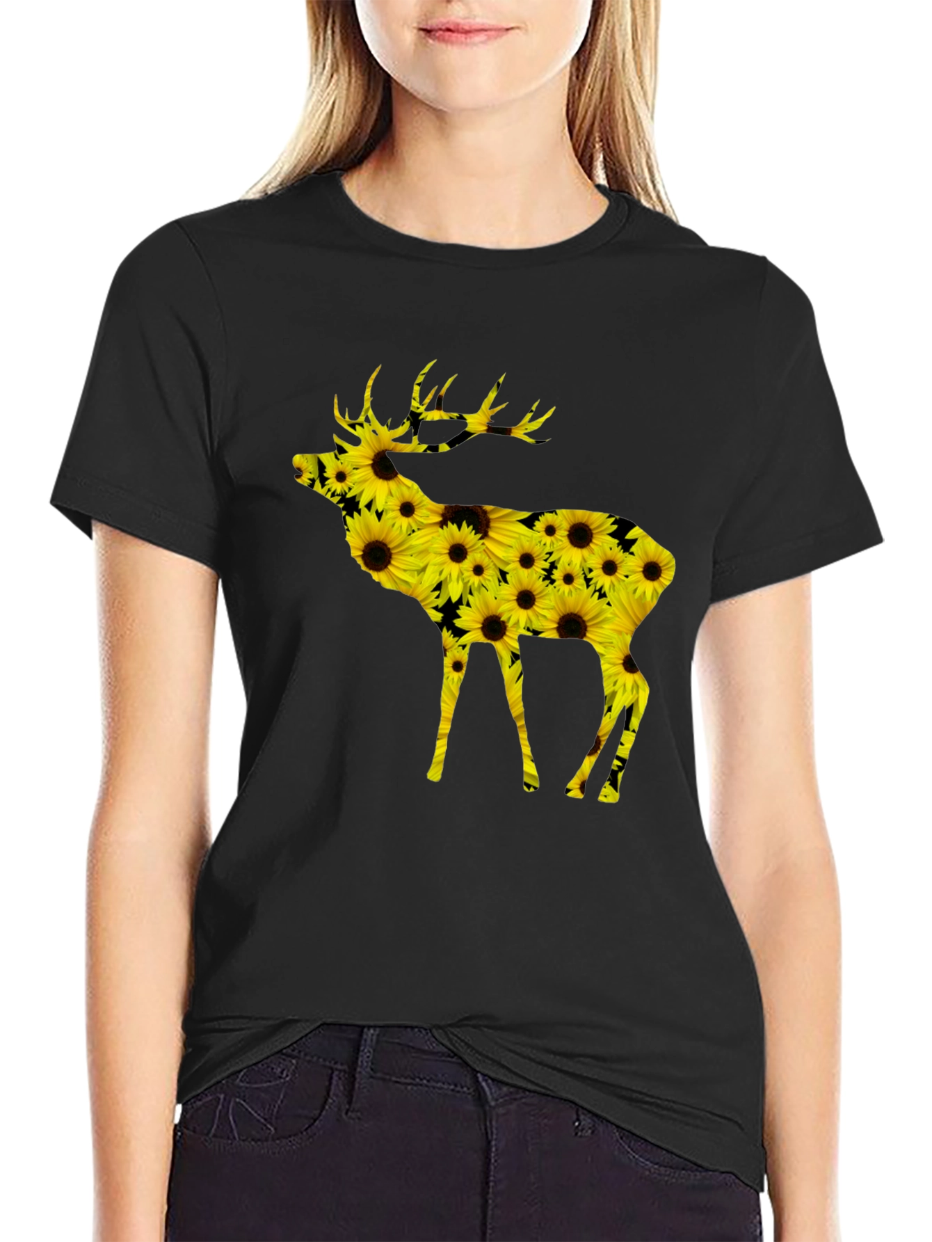 Sunflower Deer Graphic Tee - Black