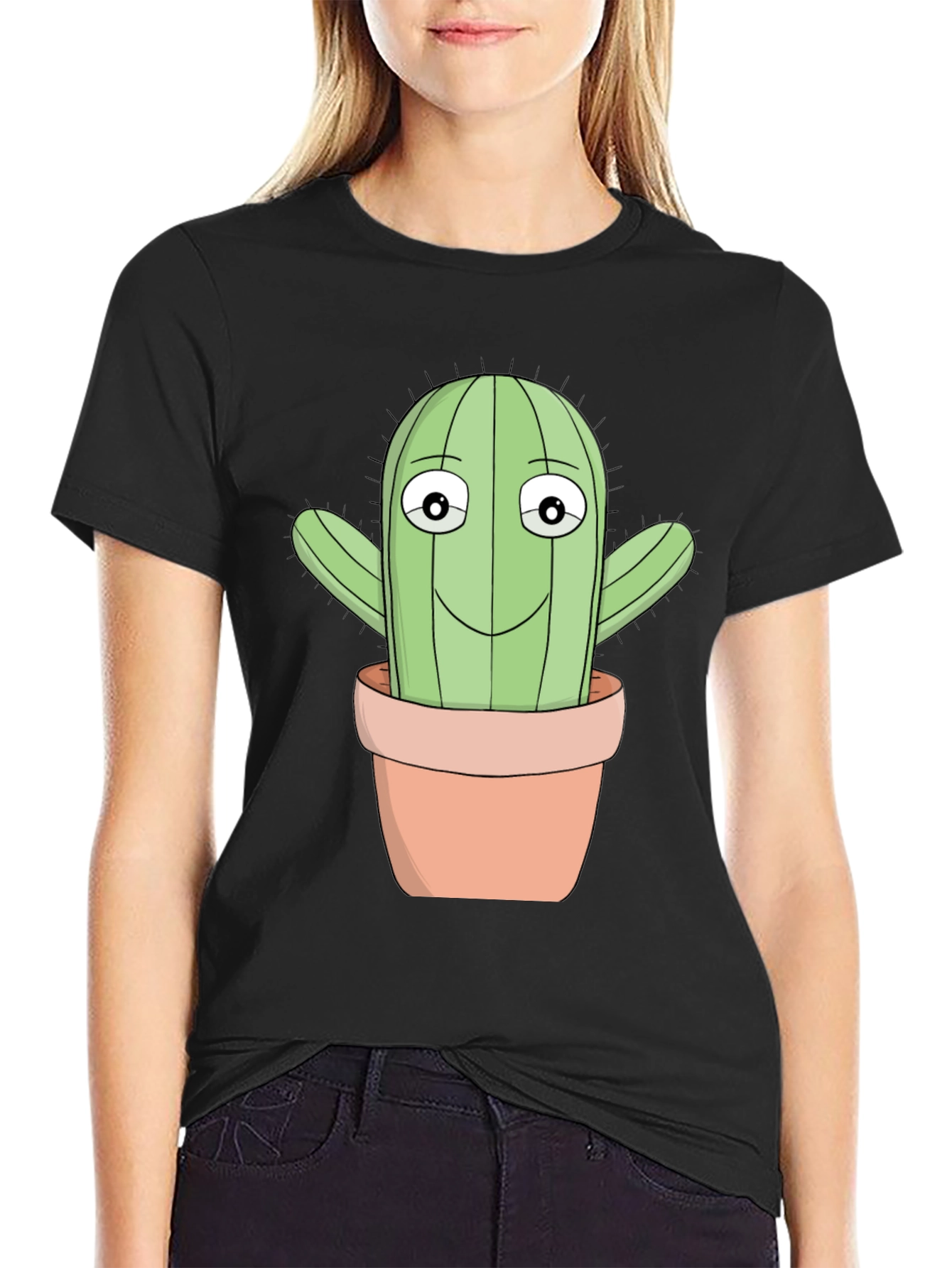 Cartoon Cactus T-Shirt - Black Cotton Blend
