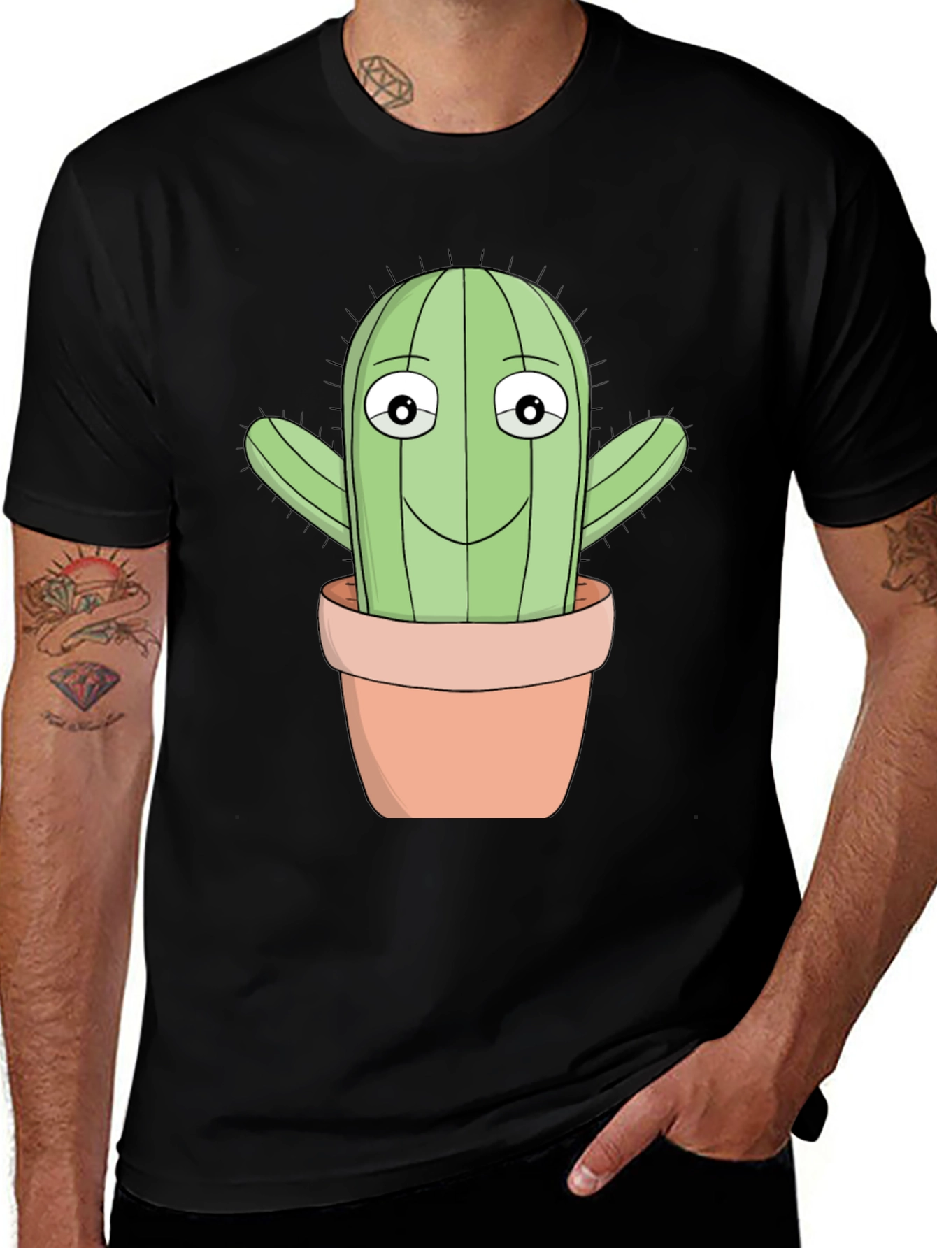 Cartoon Cactus T-Shirt - Black Cotton Blend
