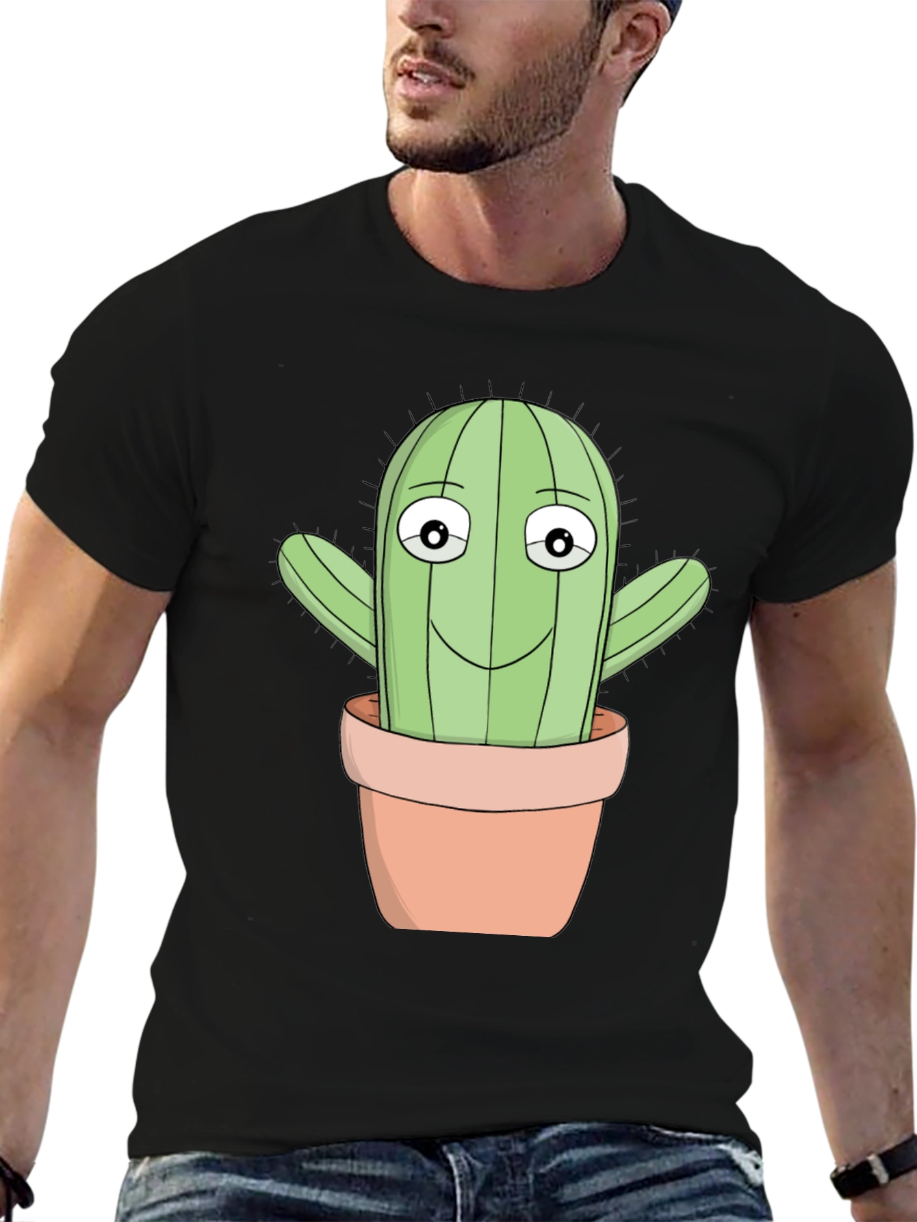 Cartoon Cactus T-Shirt - Black Cotton Blend