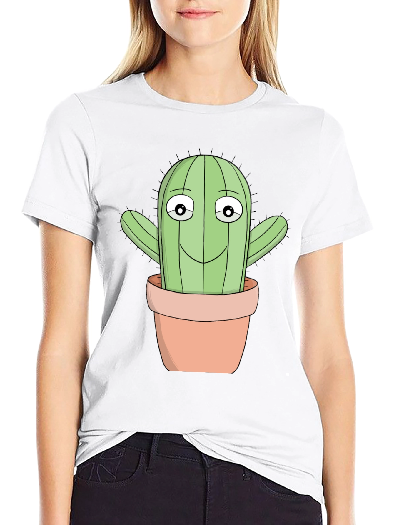 Cartoon Cactus T-Shirt - Black Cotton Blend