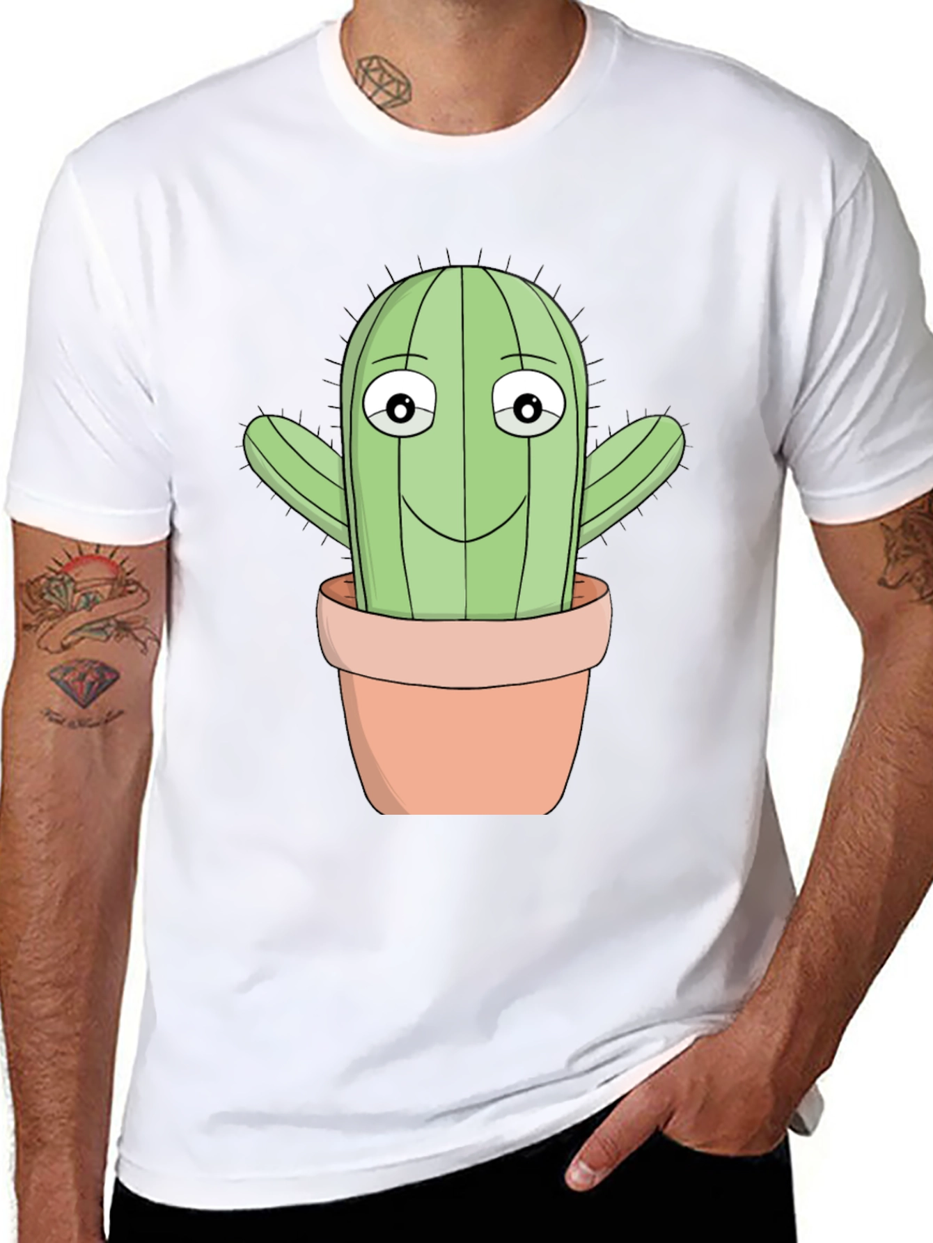 Cartoon Cactus T-Shirt - Black Cotton Blend