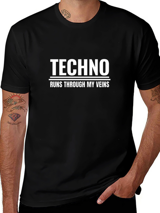 Techno Runs Through My Veins T-Shirt - Black Graphic Tee
