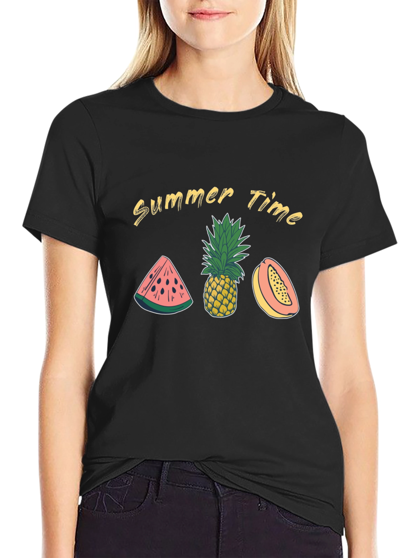 Summer Time Fruit Graphic Black T-Shirt