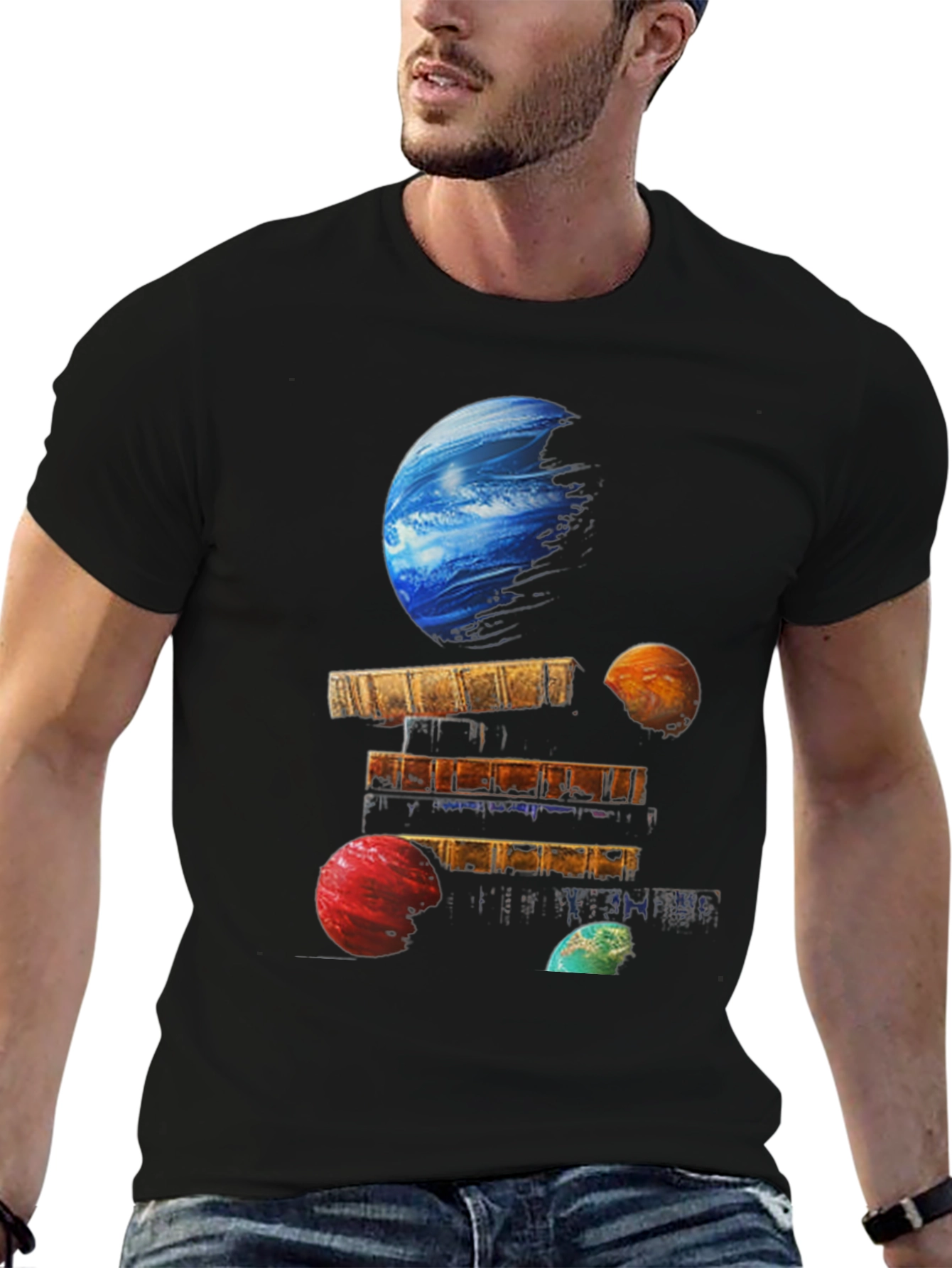 Planets on Books Black T-Shirt
