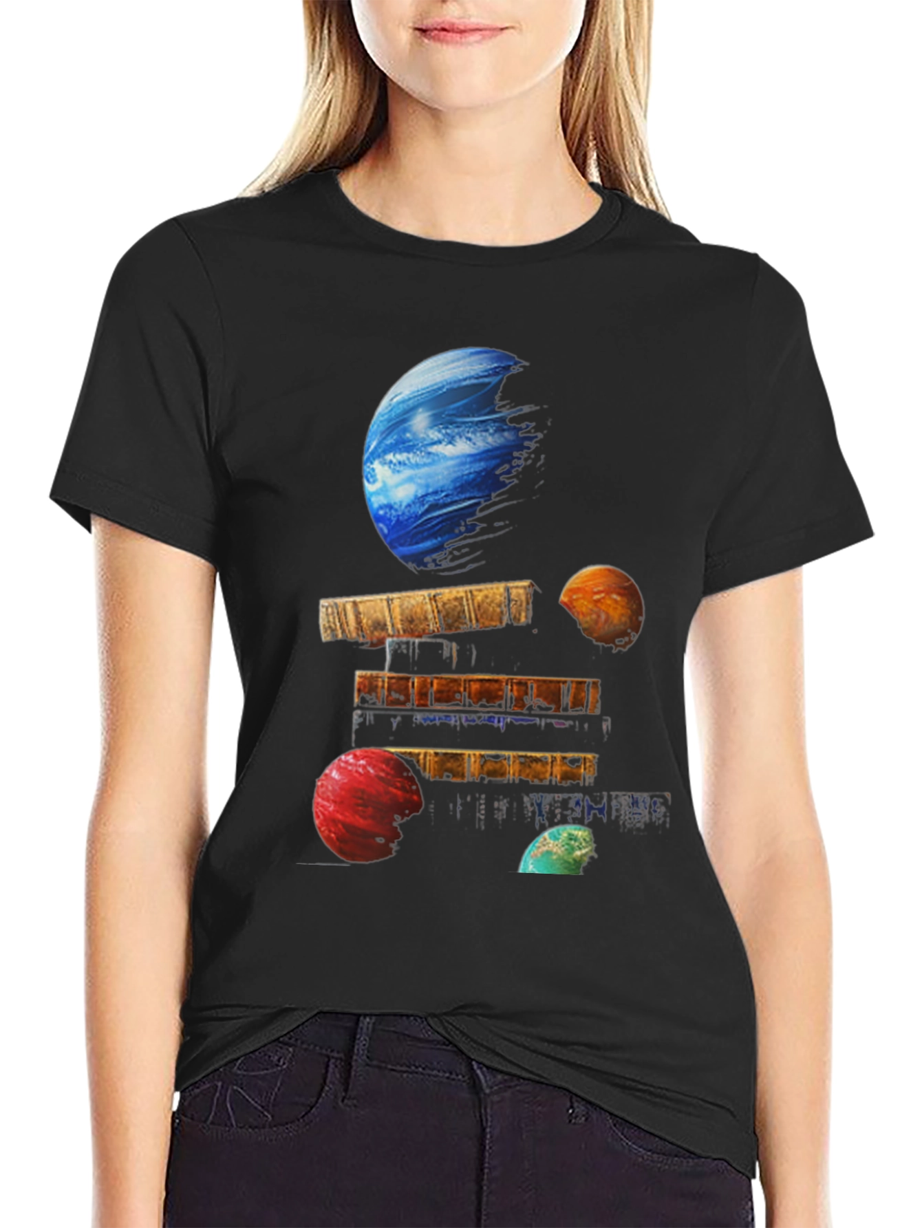 Planets on Books Black T-Shirt