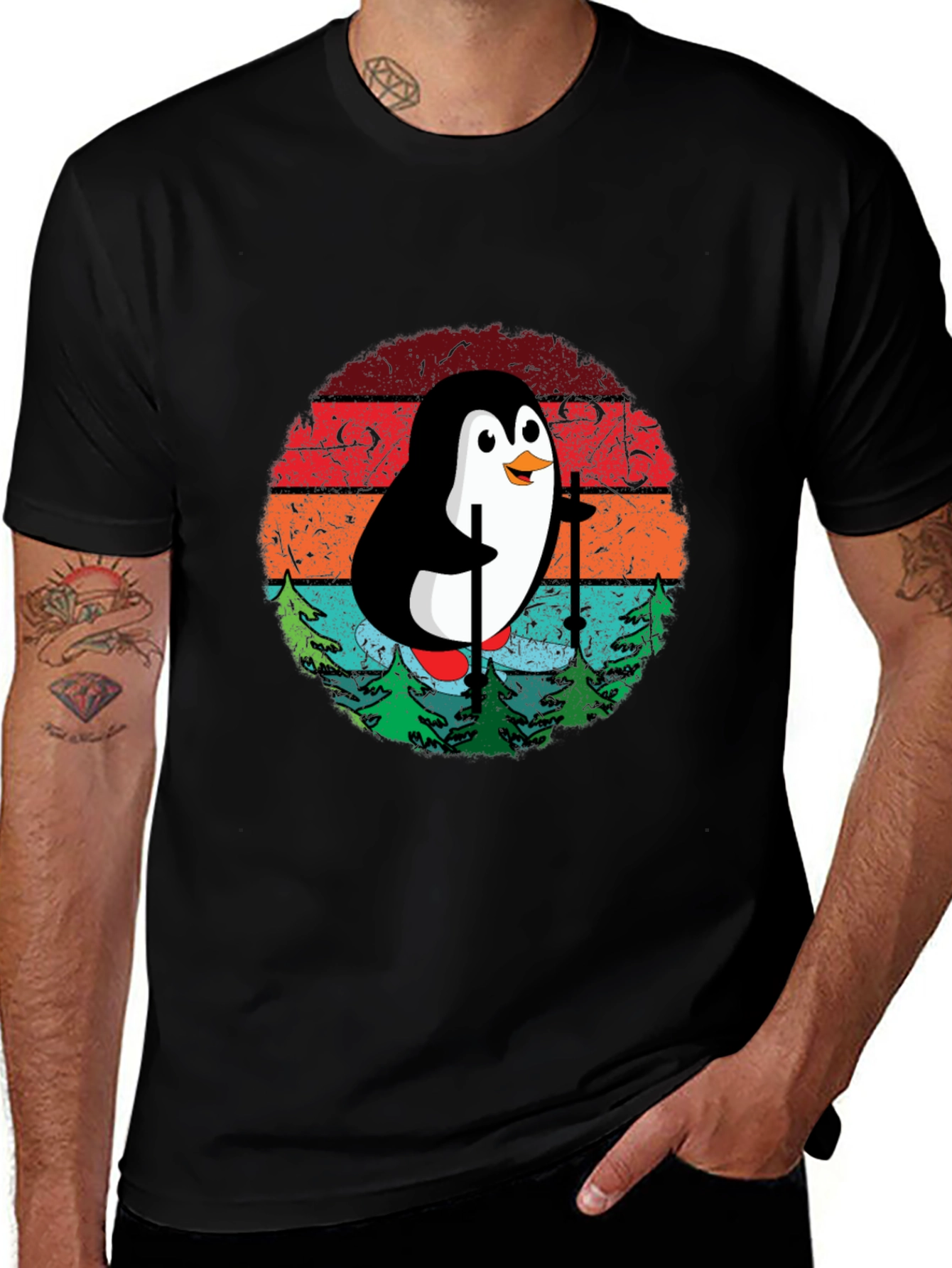 Skiing Penguin T-Shirt - Retro Style Black Tee