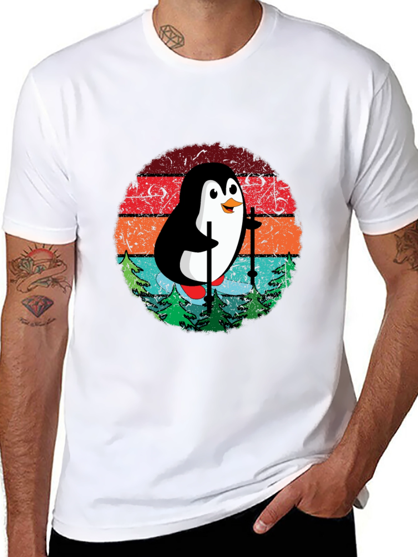 Skiing Penguin T-Shirt - Retro Style Black Tee