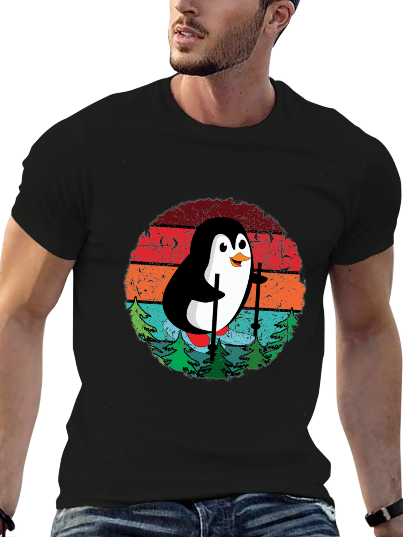 Skiing Penguin T-Shirt - Retro Style Black Tee