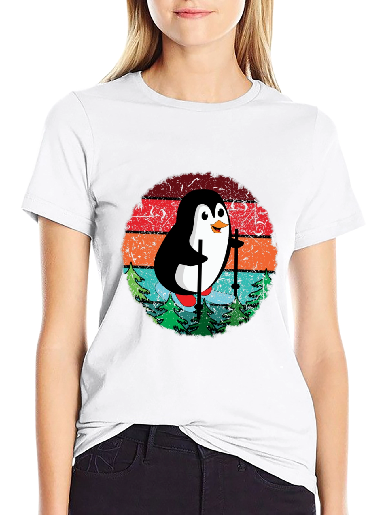 Skiing Penguin T-Shirt - Retro Style Black Tee