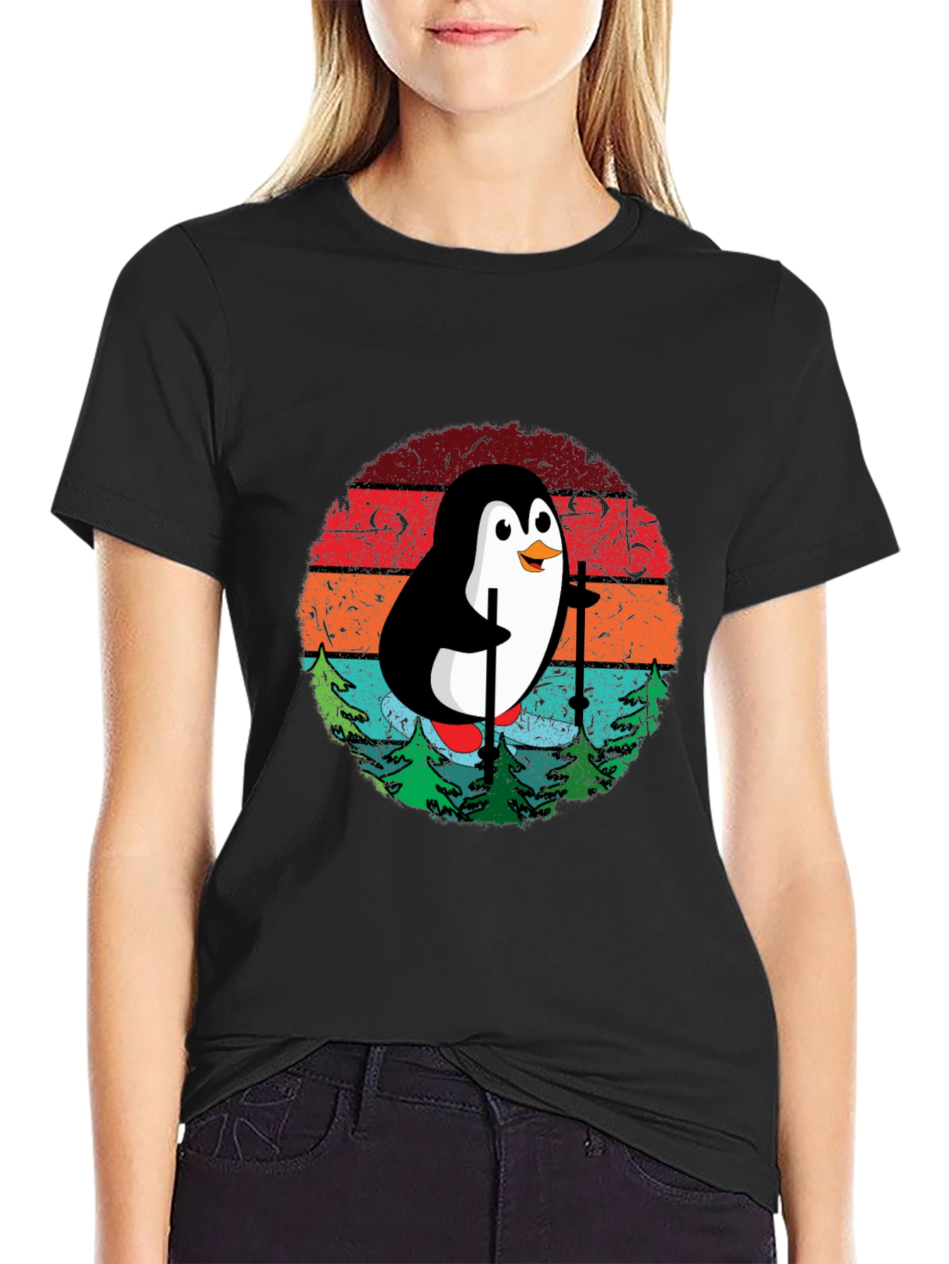 Skiing Penguin T-Shirt - Retro Style Black Tee