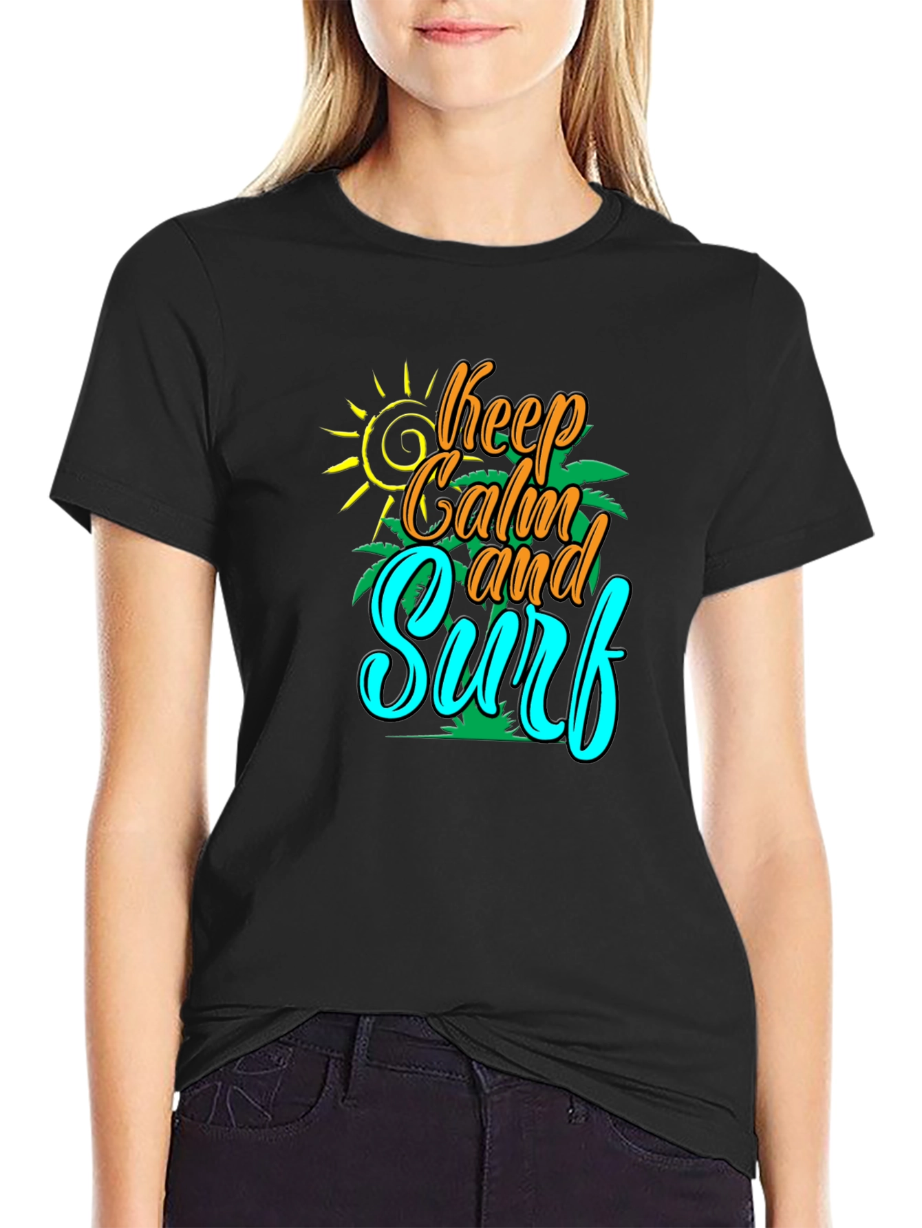 Keep Calm and Surf T-Shirt - Black Cotton Tee