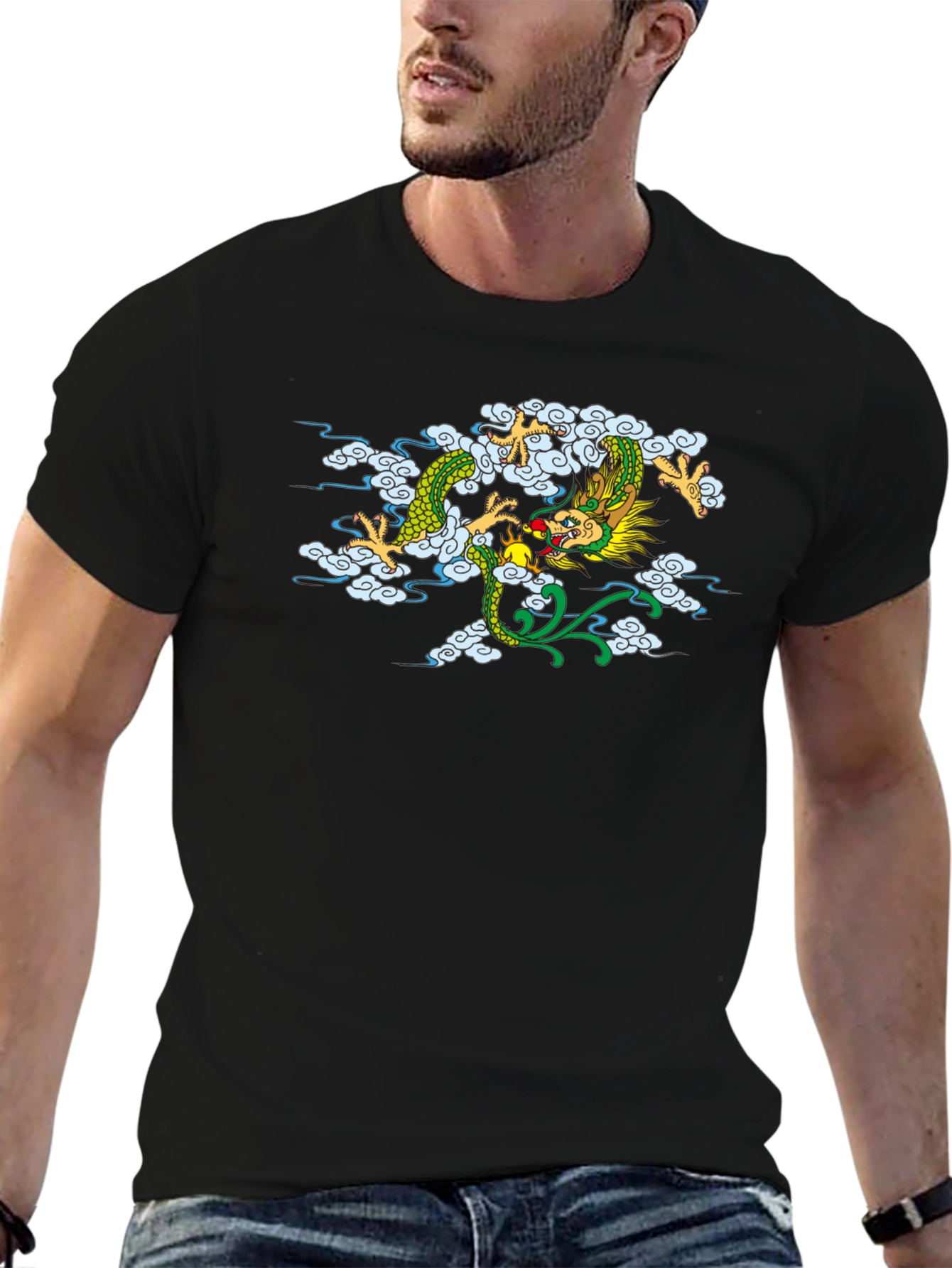 Dragon Cloud Graphic Tee - Black Casual Style