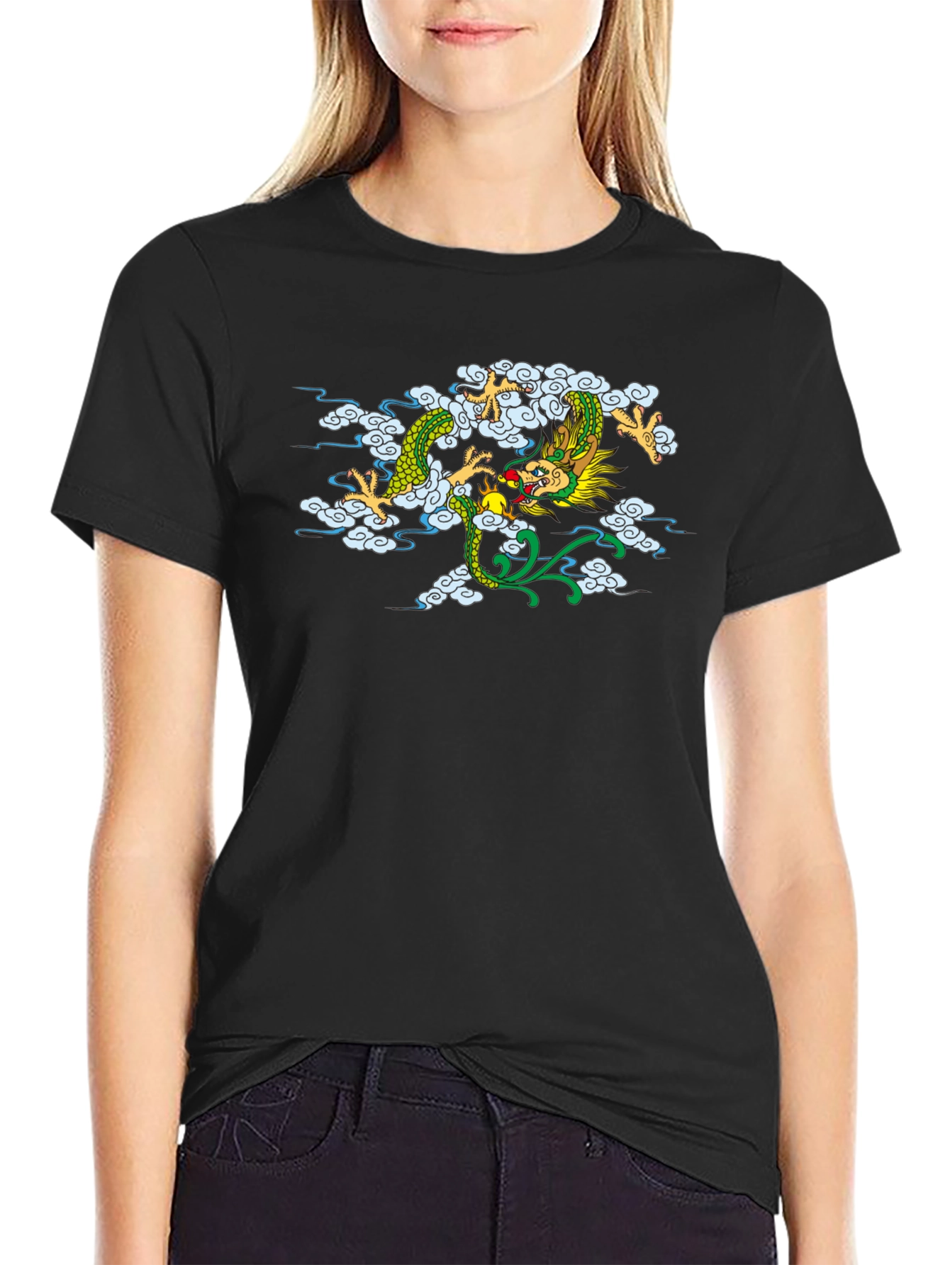 Dragon Cloud Graphic Tee - Black Casual Style