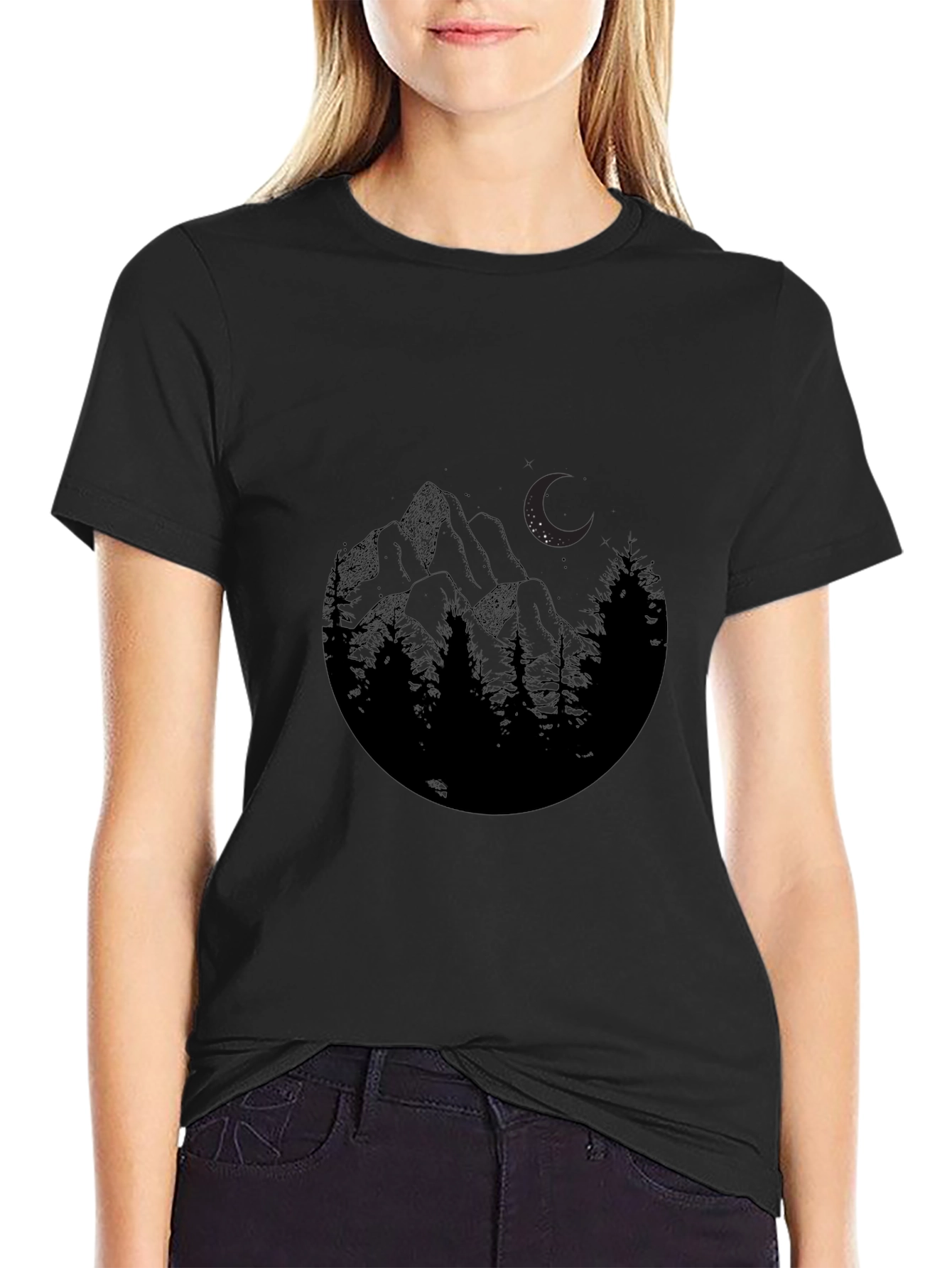 Mountain Moon Graphic Tee - Black Cotton Blend