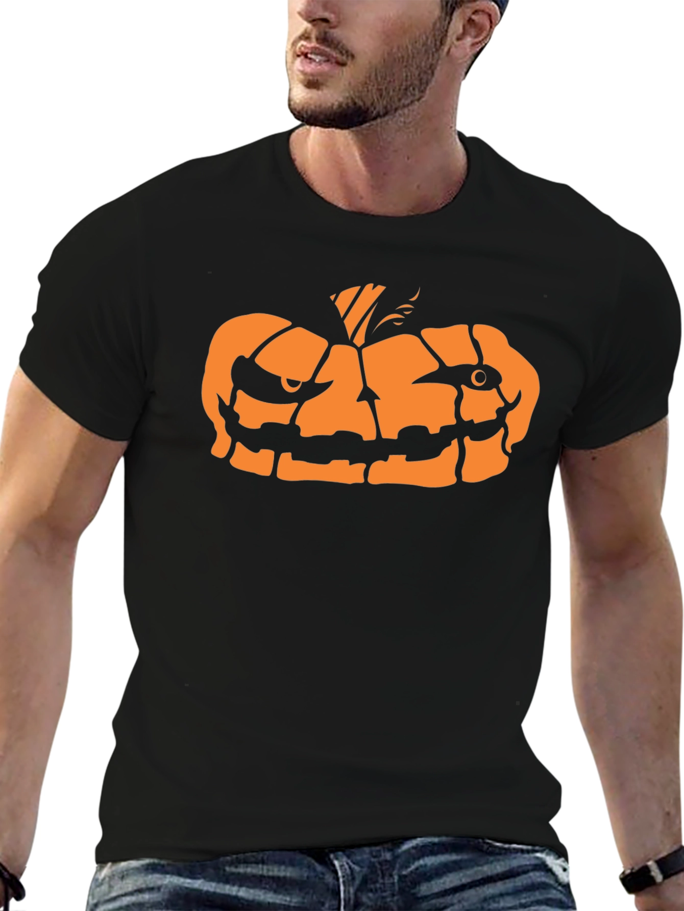 Halloween Pumpkin Face Graphic Tee - Black
