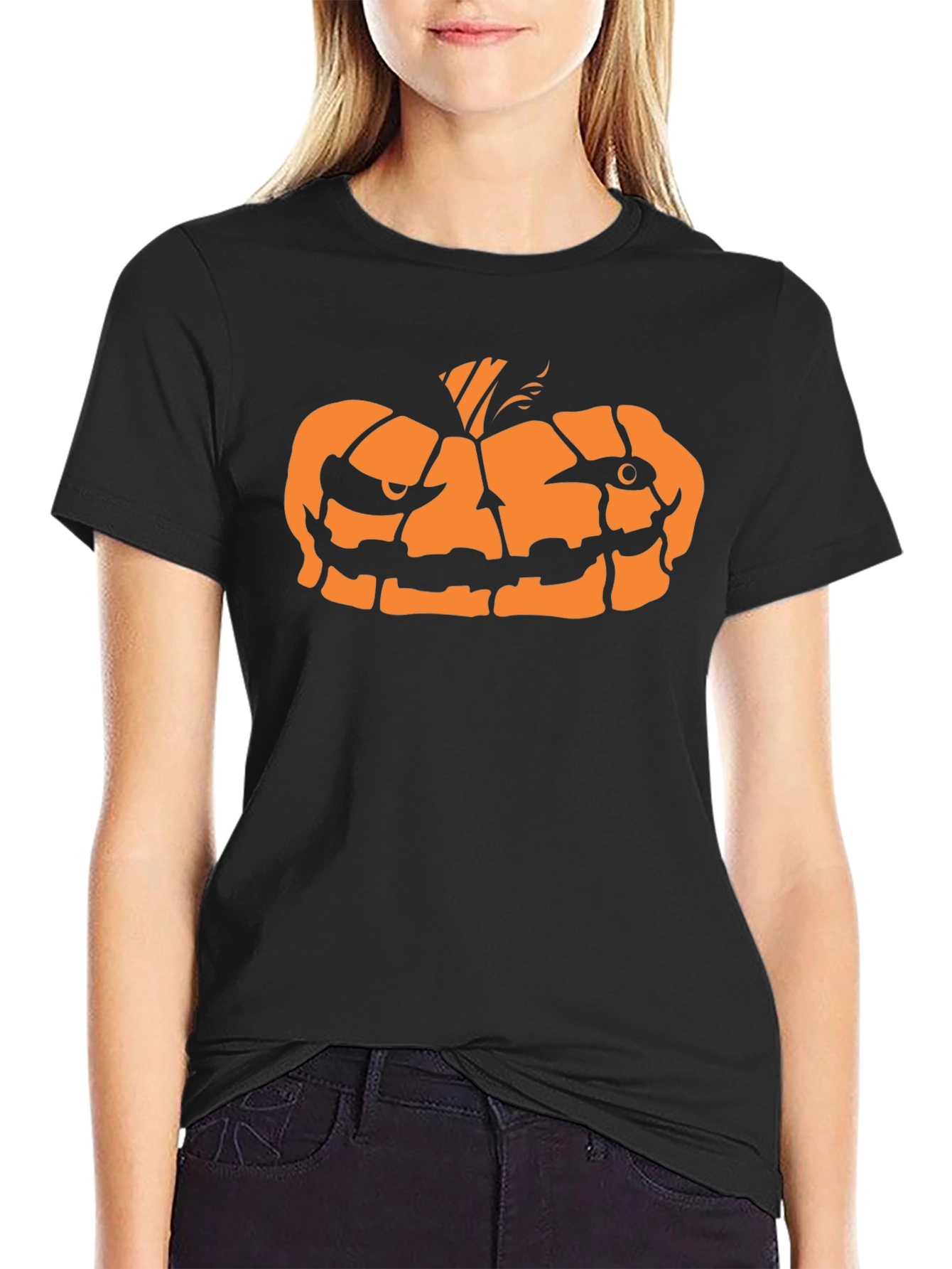 Halloween Pumpkin Face Graphic Tee - Black