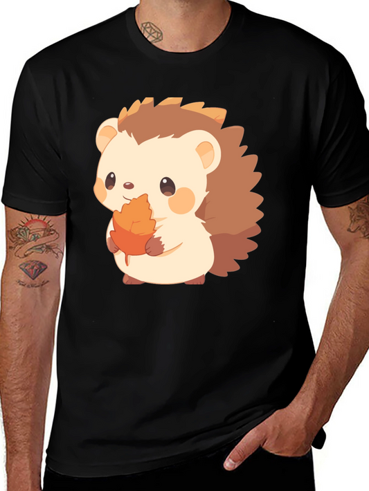 Cute Hedgehog Holding Leaf Graphic T-Shirt