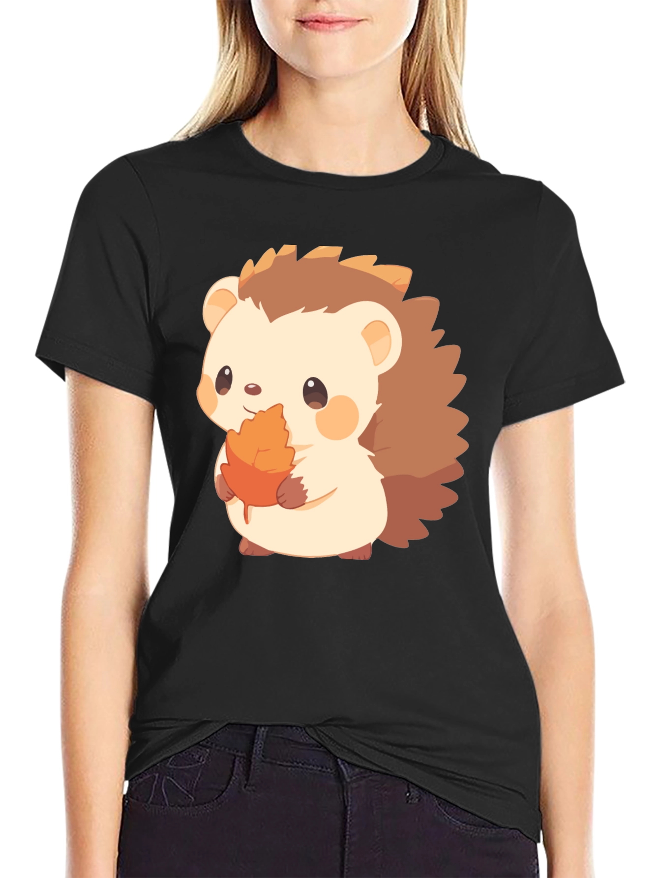 Cute Hedgehog Holding Leaf Graphic T-Shirt