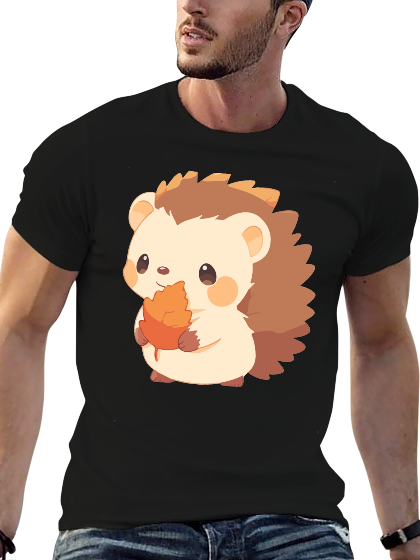 Cute Hedgehog Holding Leaf Graphic T-Shirt