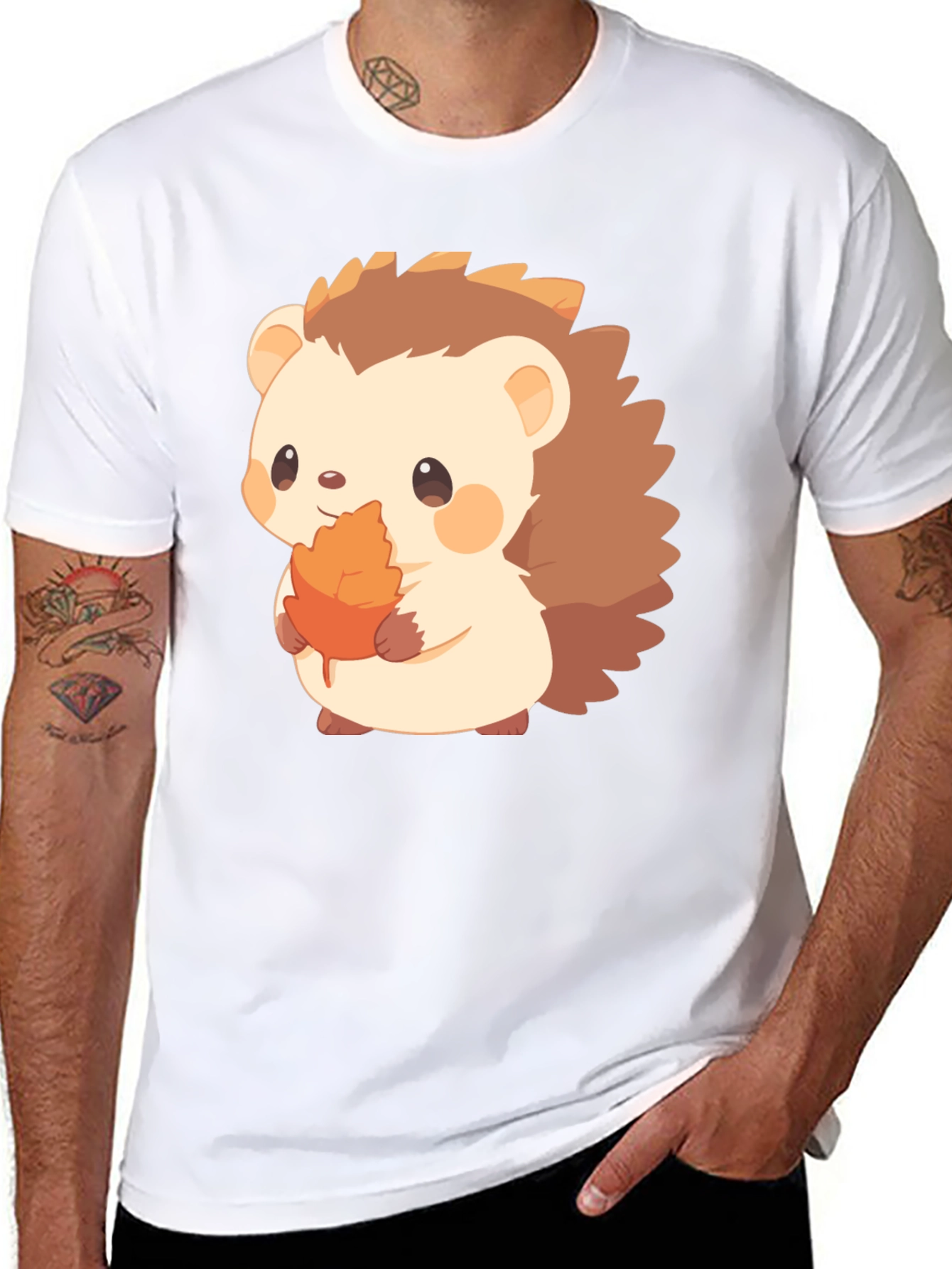 Cute Hedgehog Holding Leaf Graphic T-Shirt