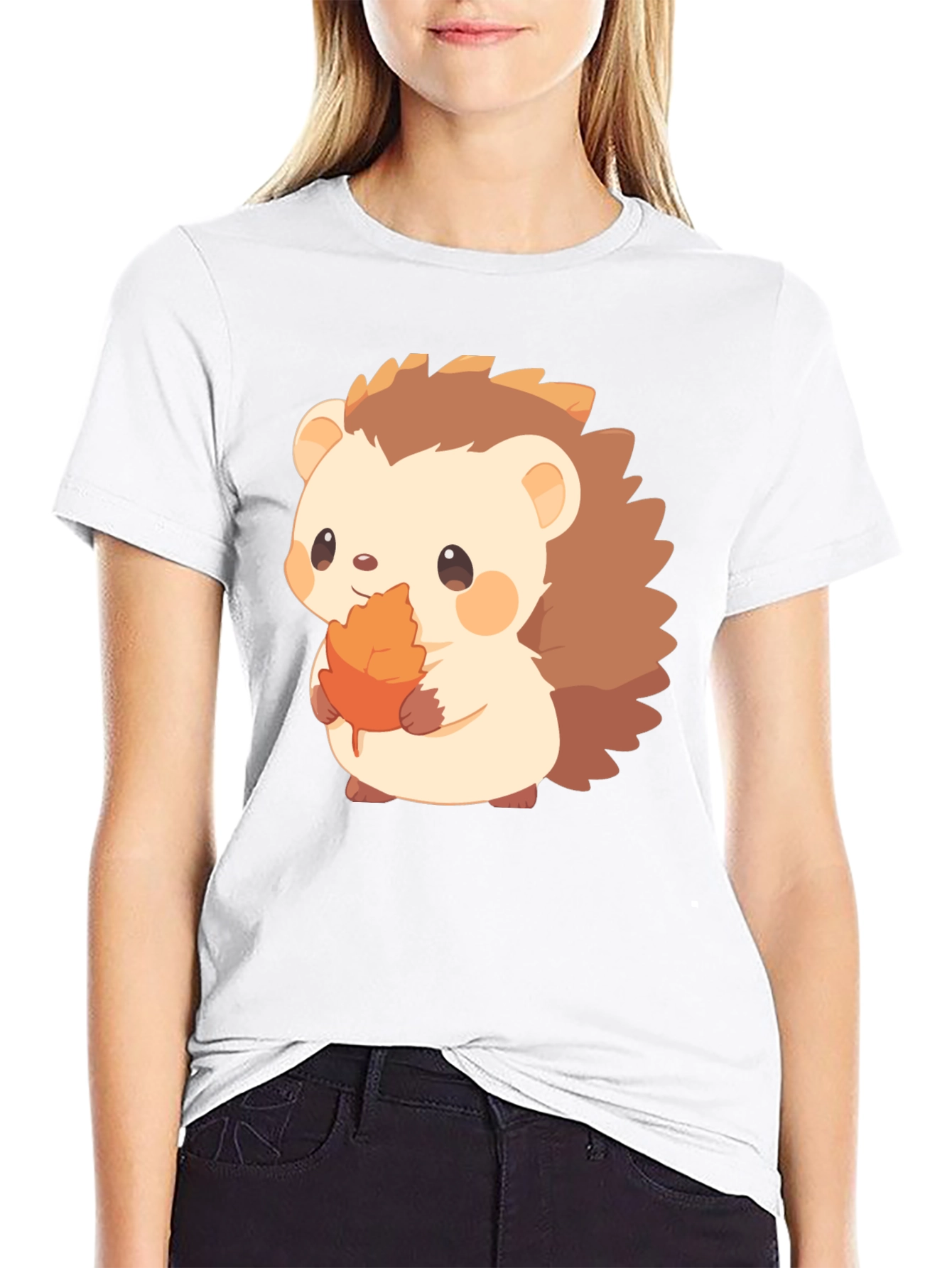 Cute Hedgehog Holding Leaf Graphic T-Shirt