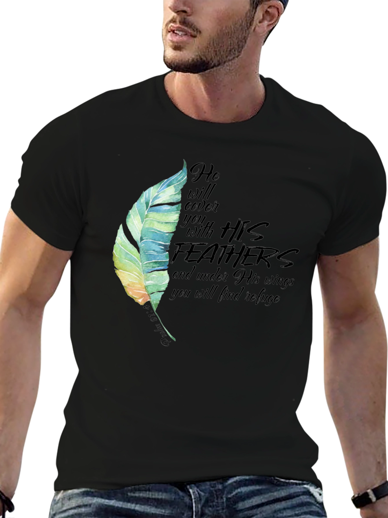 Feather Psalm 91:4 Christian Black T-Shirt