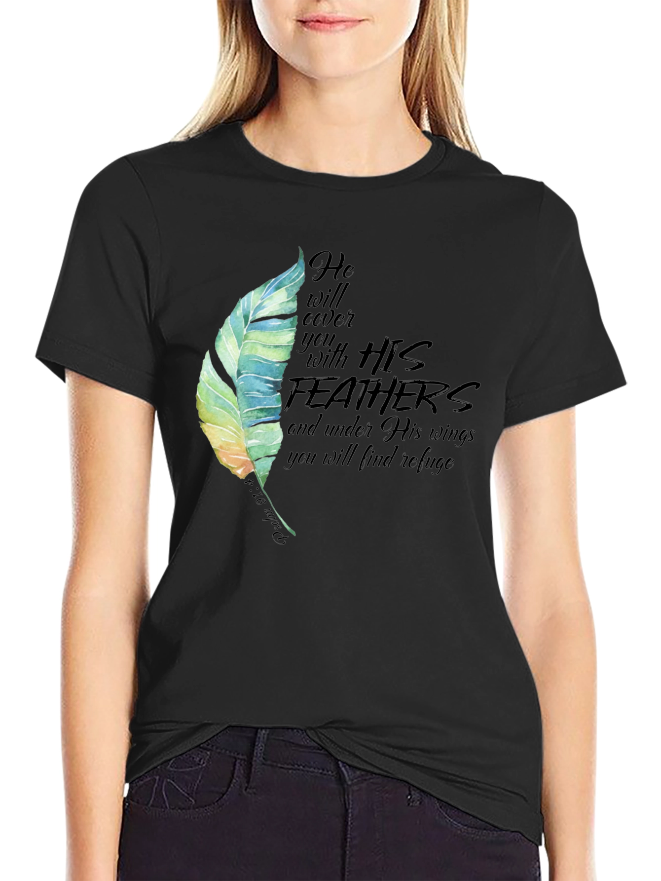 Feather Psalm 91:4 Christian Black T-Shirt