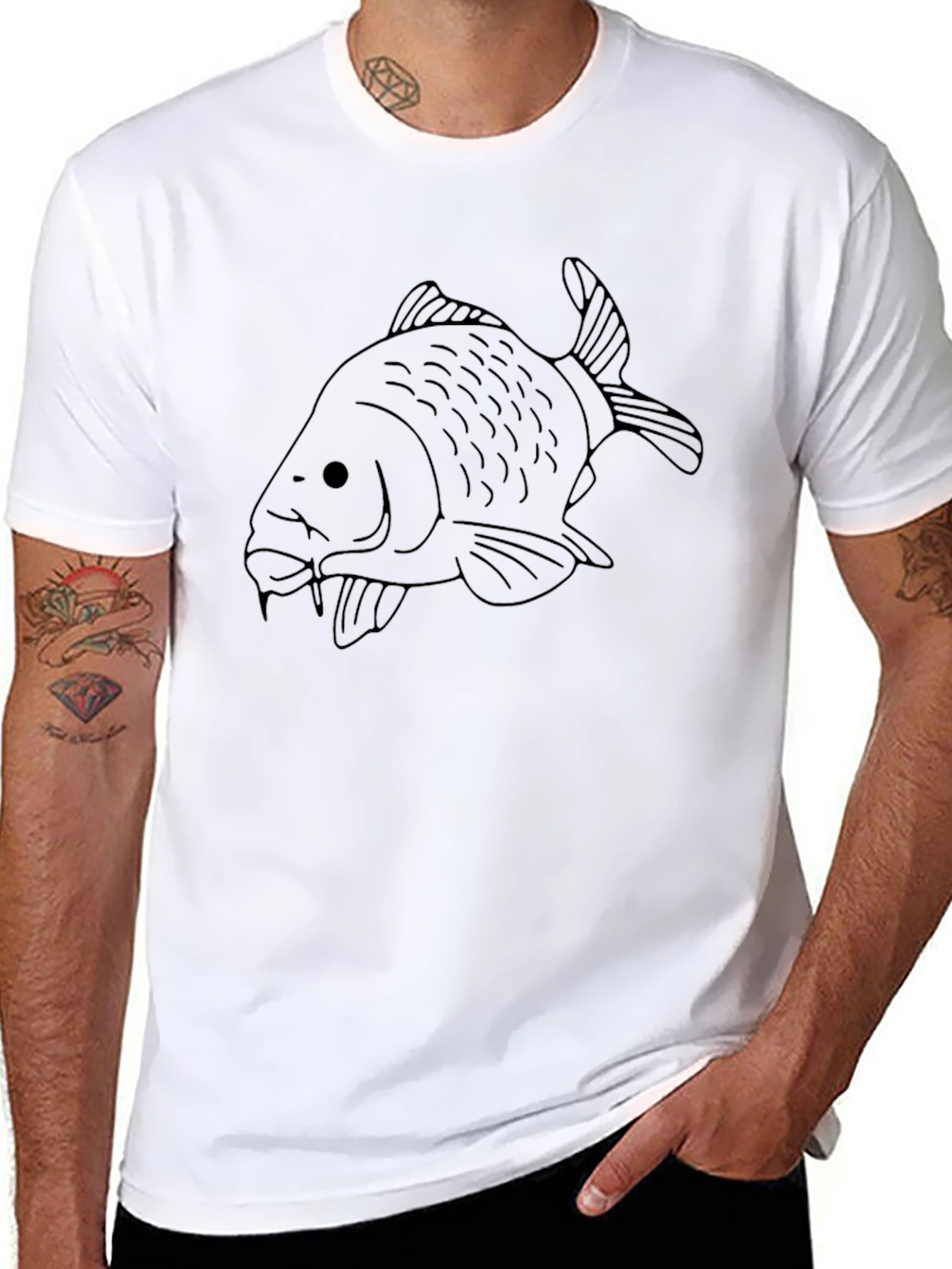 Black T-Shirt with Carp Fish Outline Graphic