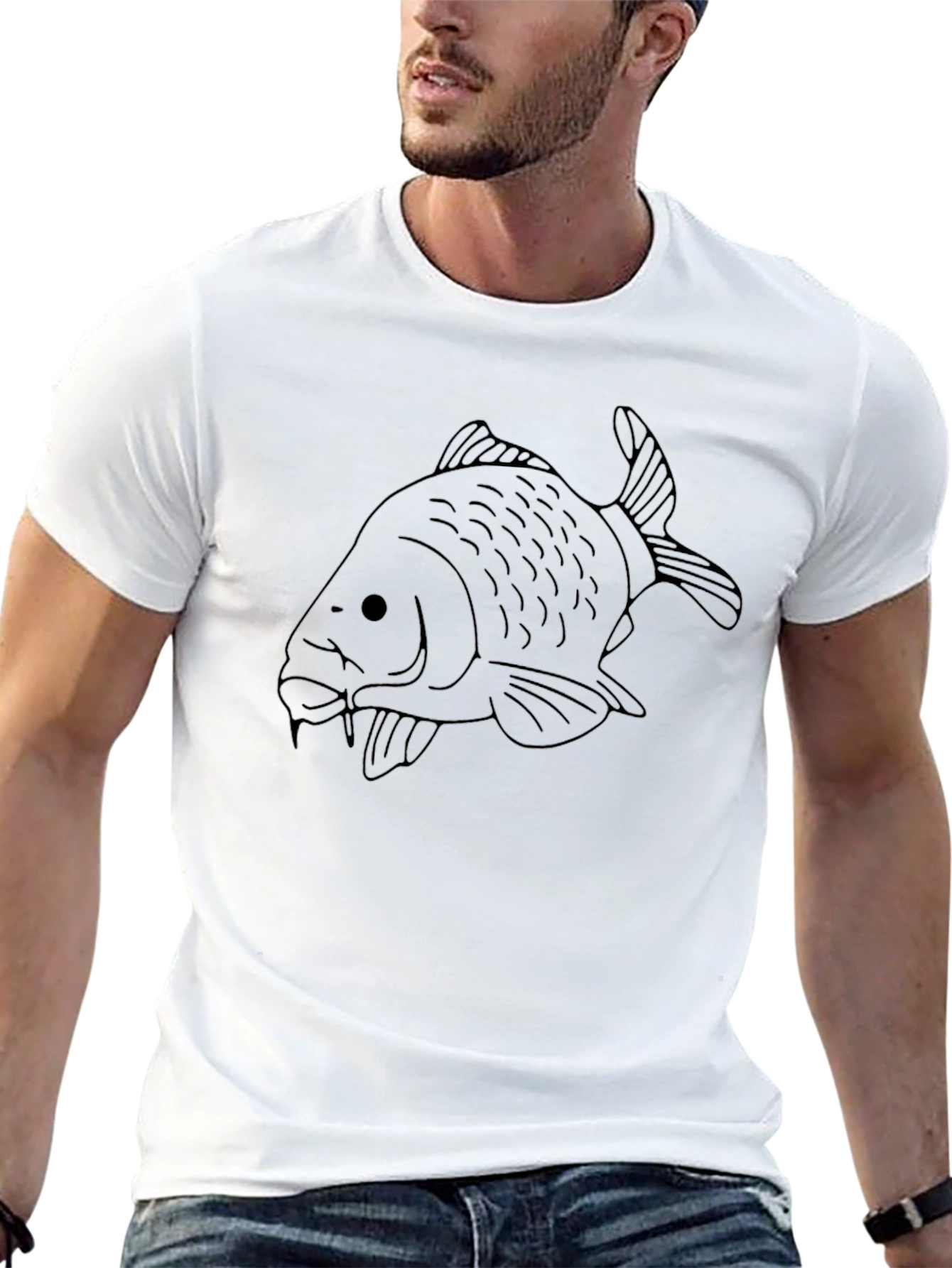 Black T-Shirt with Carp Fish Outline Graphic