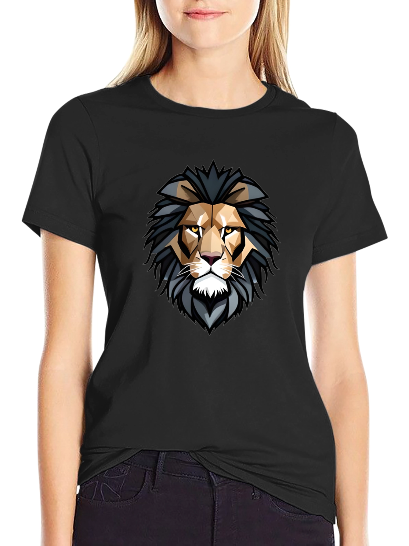 Geometric Lion Head Graphic Black T-Shirt