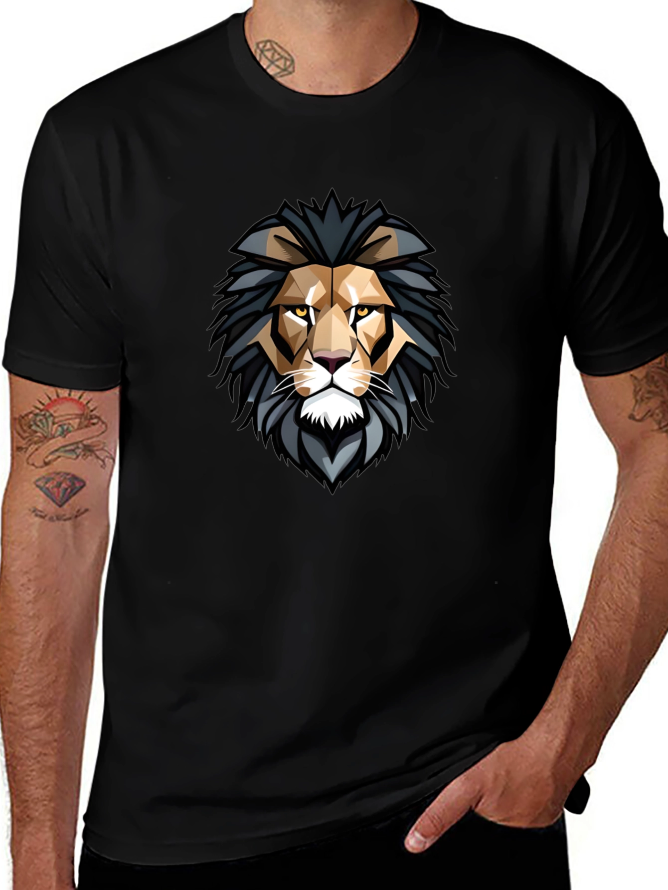 Geometric Lion Head Graphic Black T-Shirt