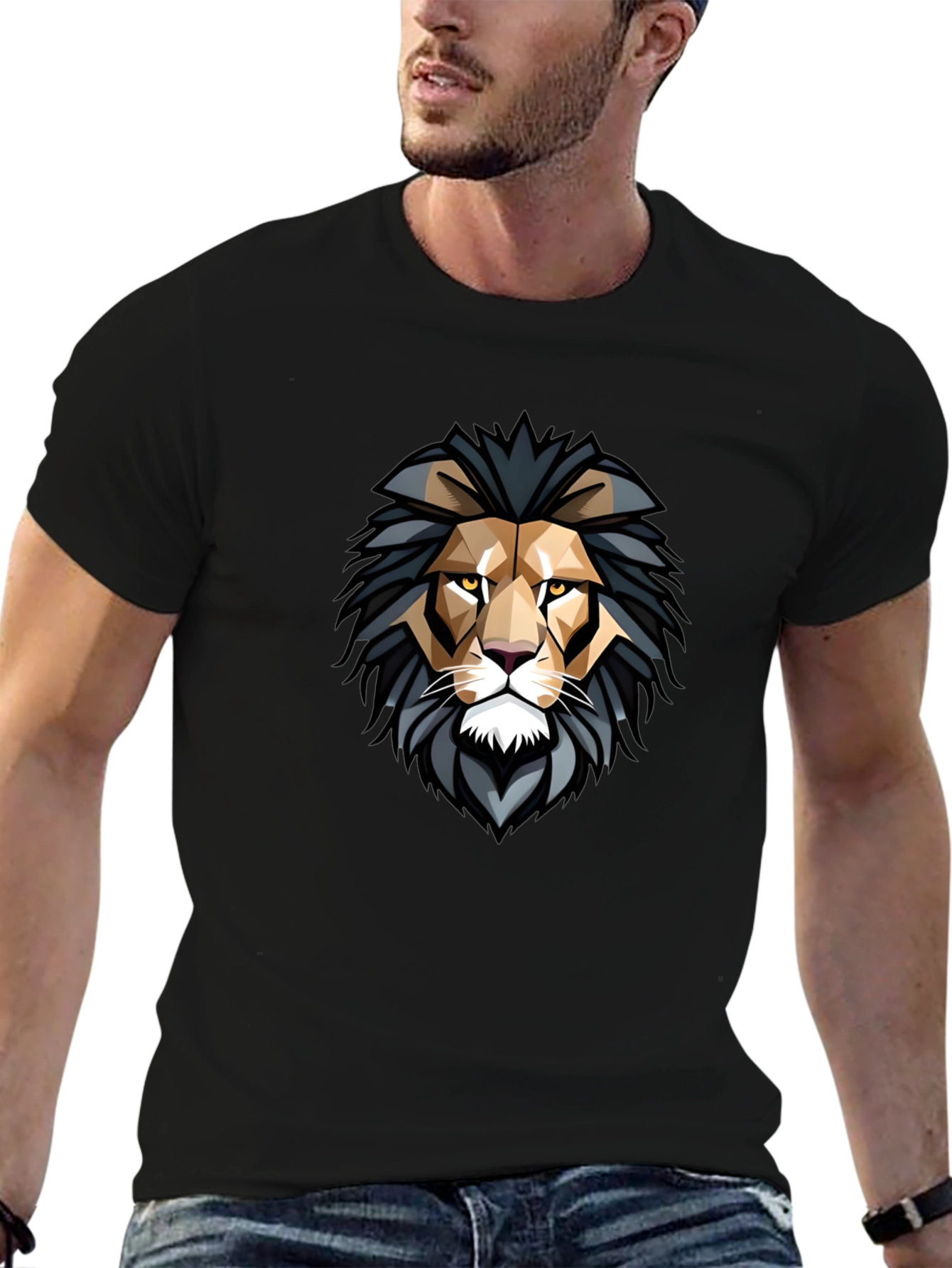 Geometric Lion Head Graphic Black T-Shirt