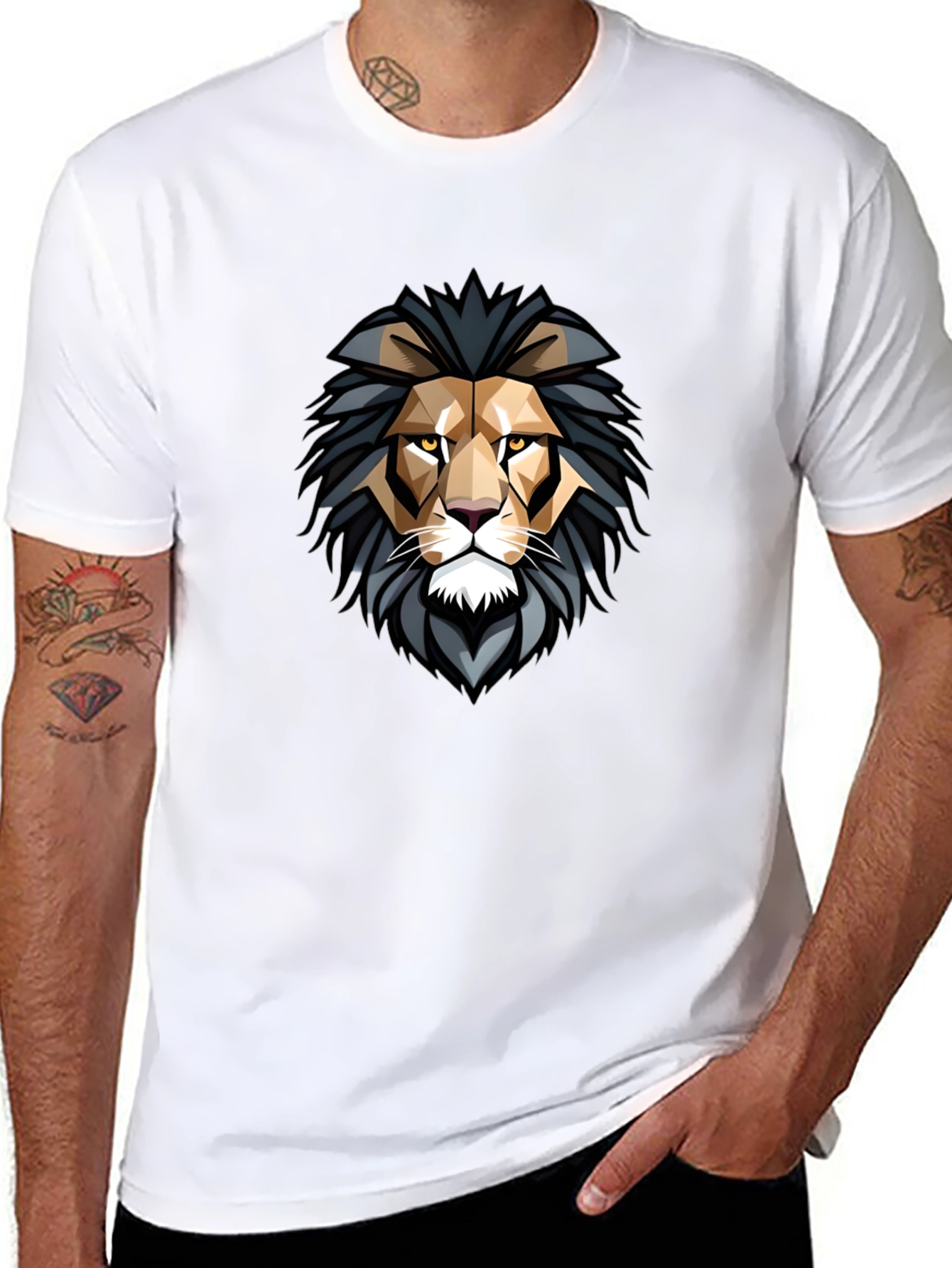 Geometric Lion Head Graphic Black T-Shirt