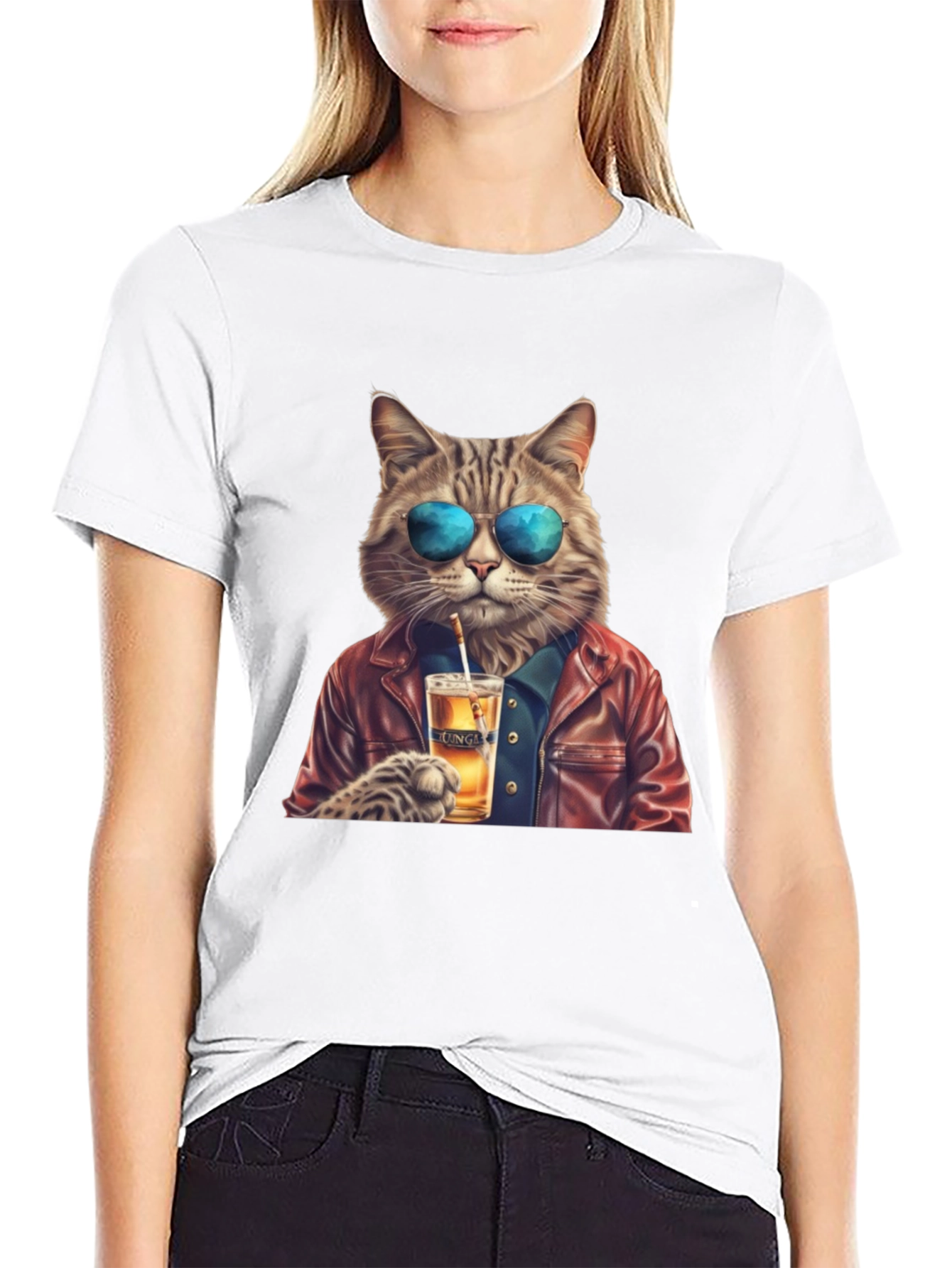 Cool Cat T-Shirt - Beer Drinking Cat with Sunglasses
