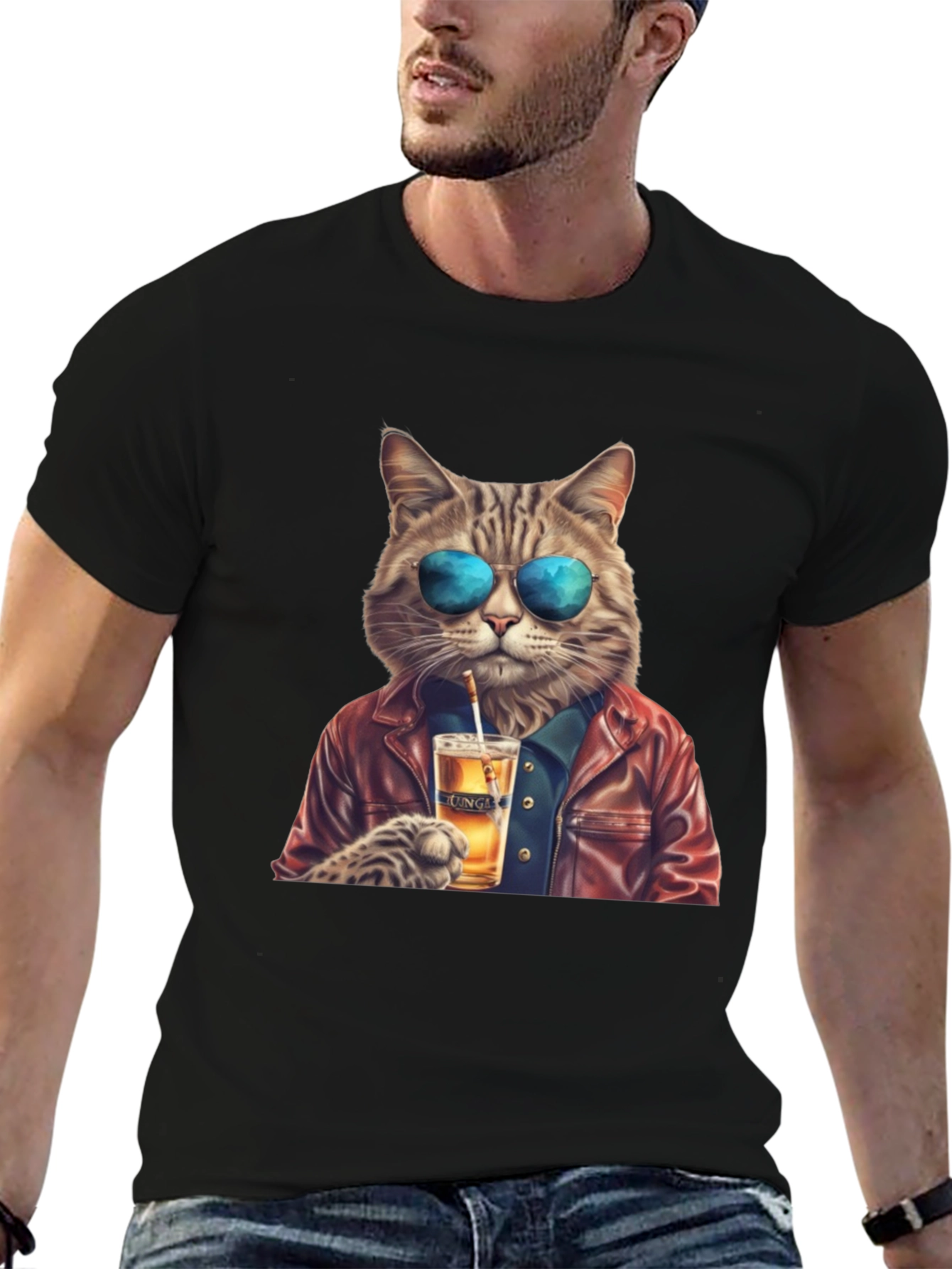 Cool Cat T-Shirt - Beer Drinking Cat with Sunglasses