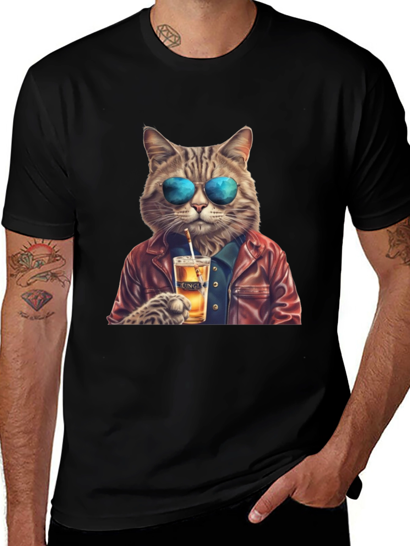 Cool Cat T-Shirt - Beer Drinking Cat with Sunglasses