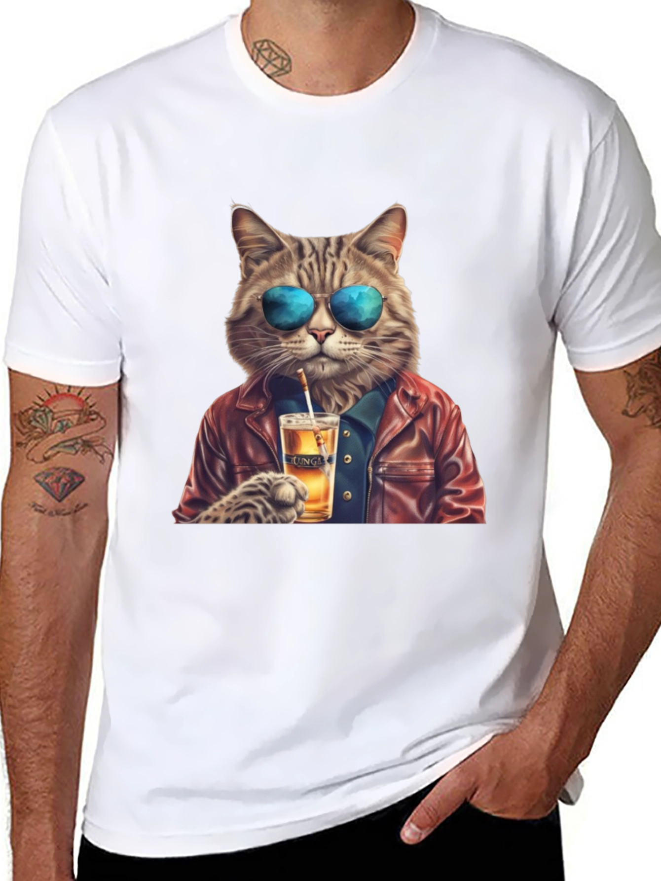 Cool Cat T-Shirt - Beer Drinking Cat with Sunglasses