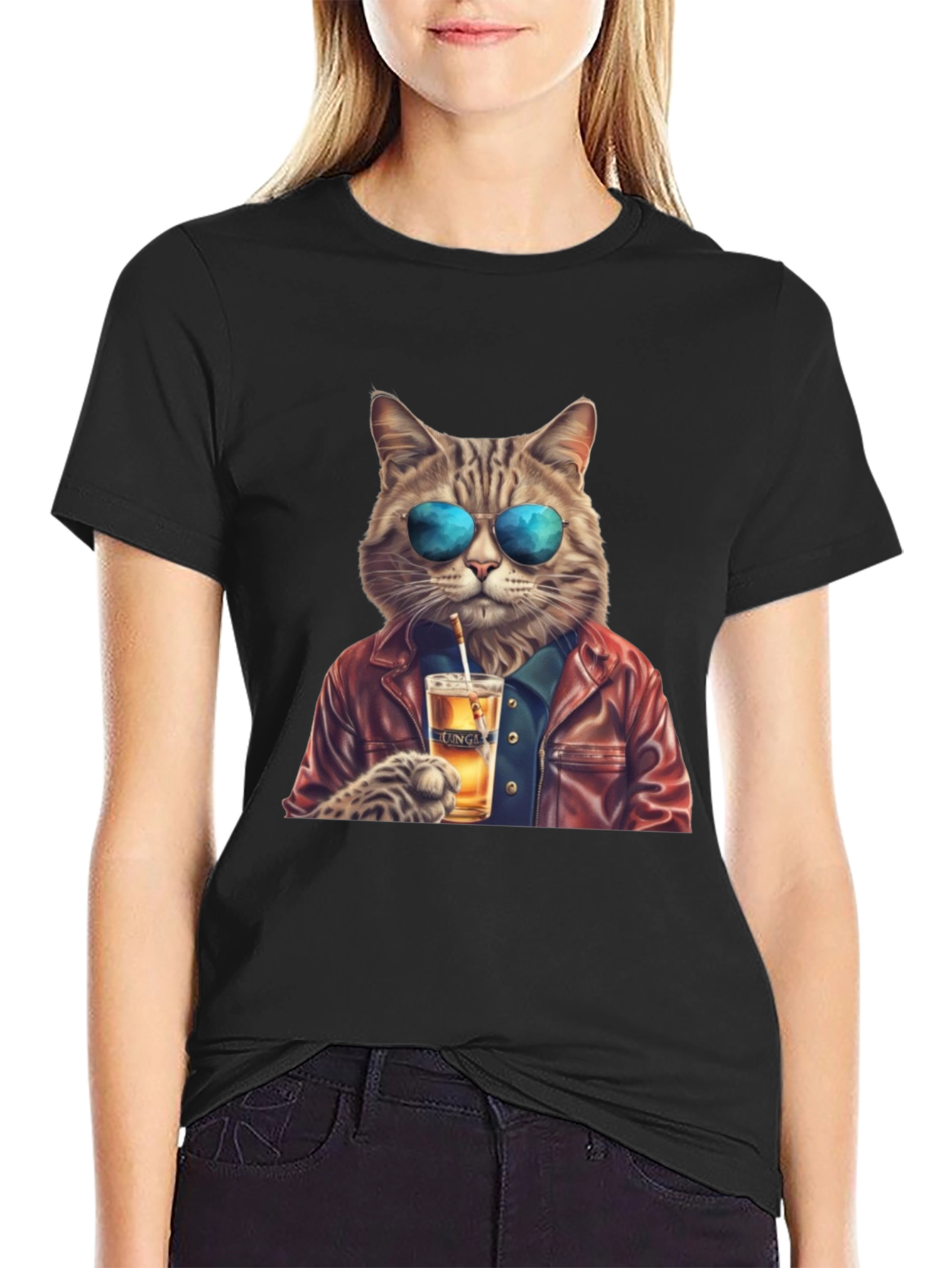 Cool Cat T-Shirt - Beer Drinking Cat with Sunglasses
