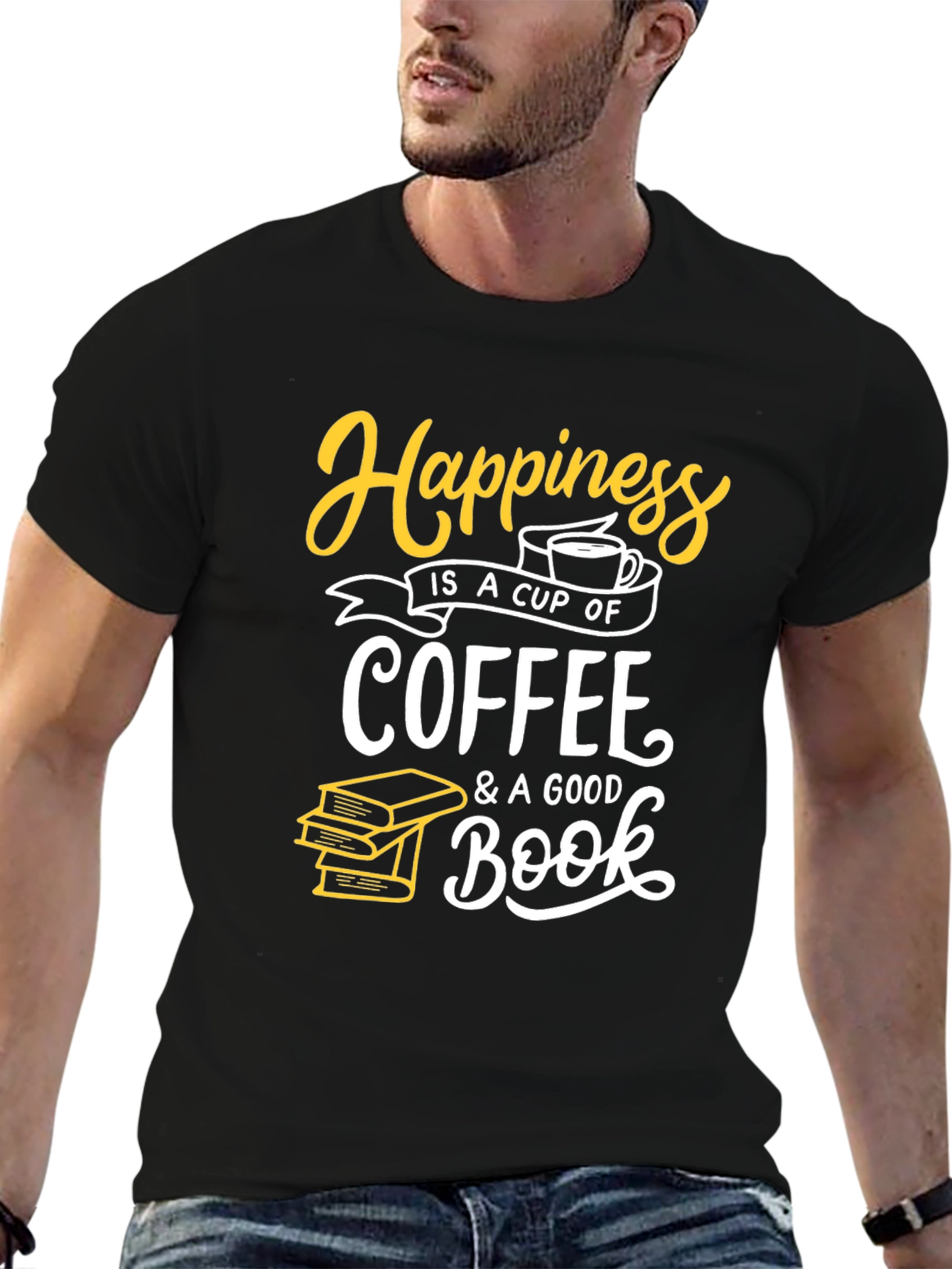 Happiness Coffee and Books Black T-Shirt