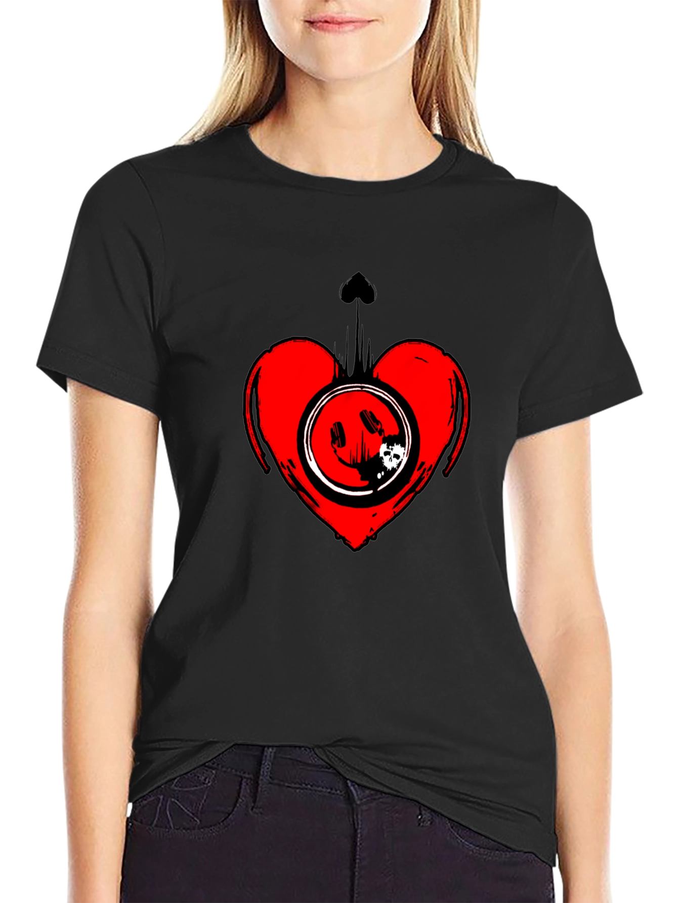 Heart Smiley Graphic Black T-Shirt